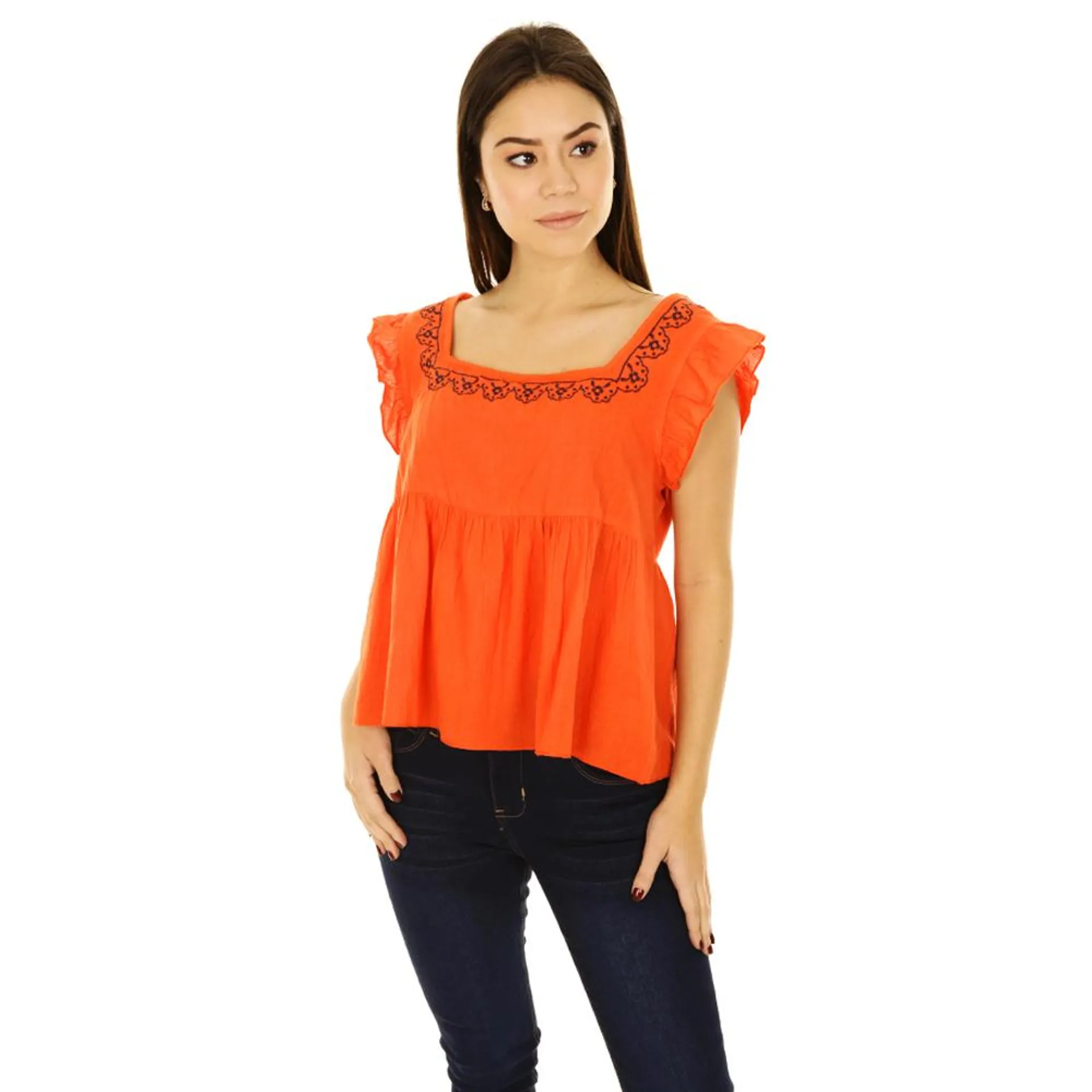 Blusa Mujer Cuello Cuadrado Detalles Bordados Red Sky