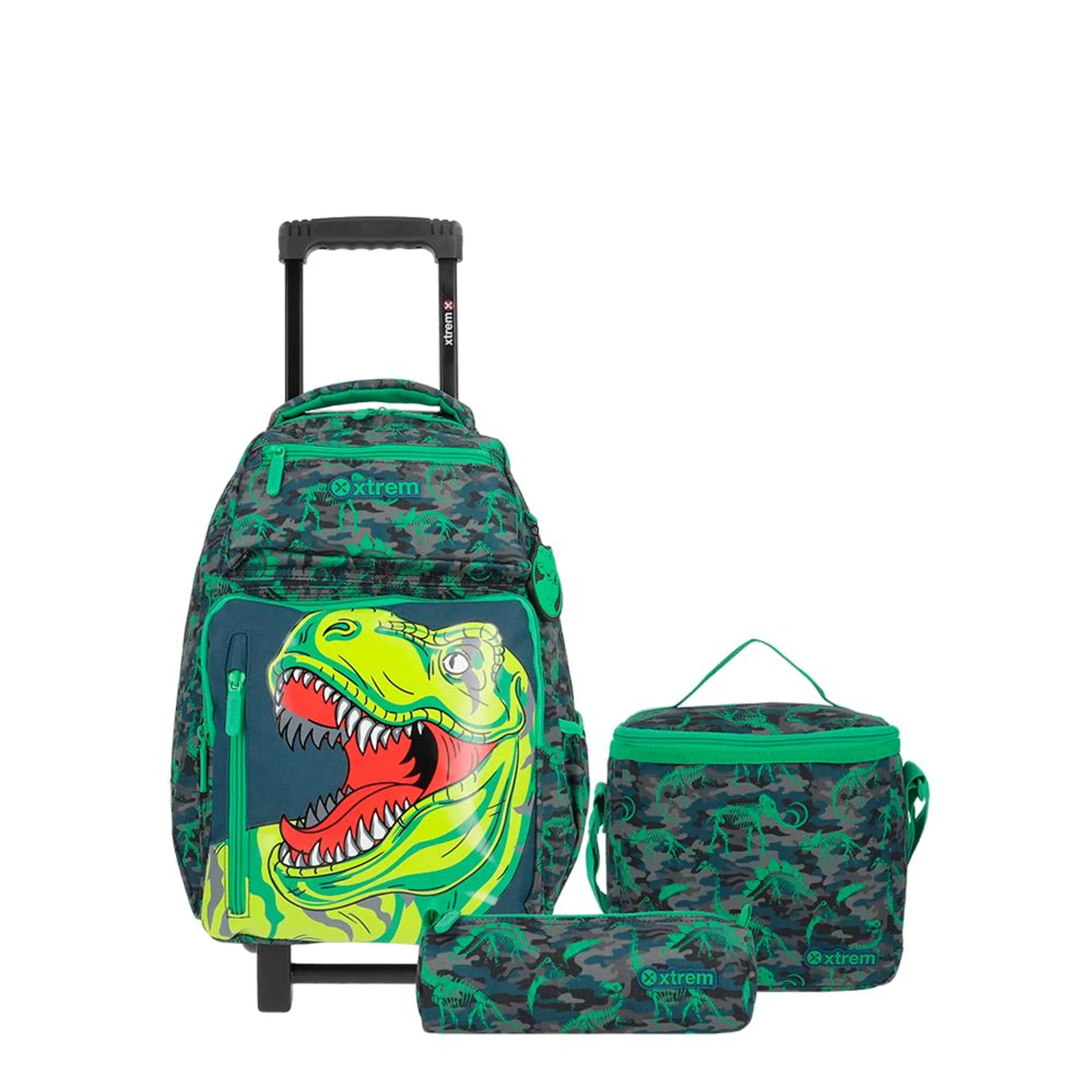 Set mochila con ruedas + lonchera + lapicera New Run Dino verde