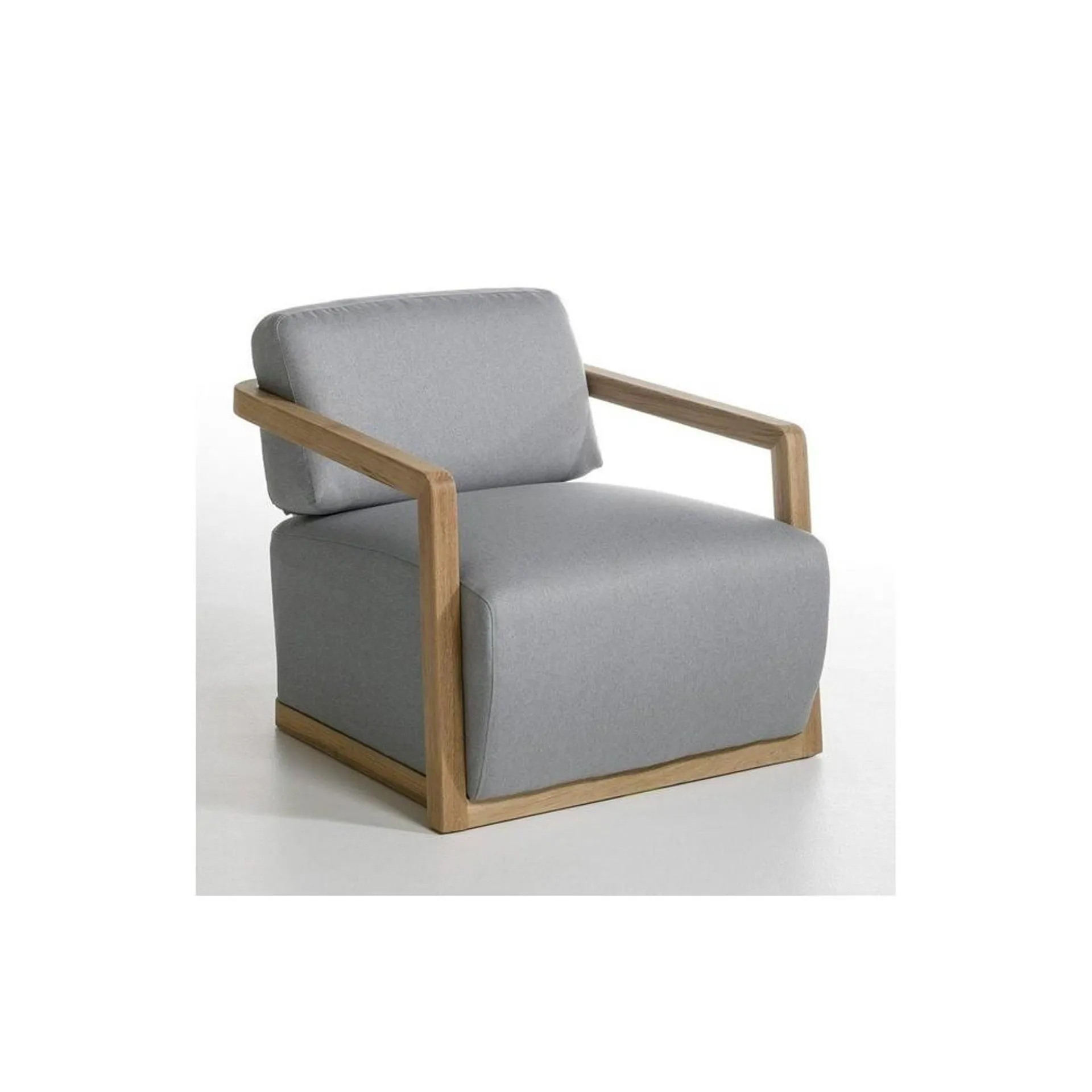 Cali - Sillón estilo minimalista con tela gris claro y brazos de madera natural