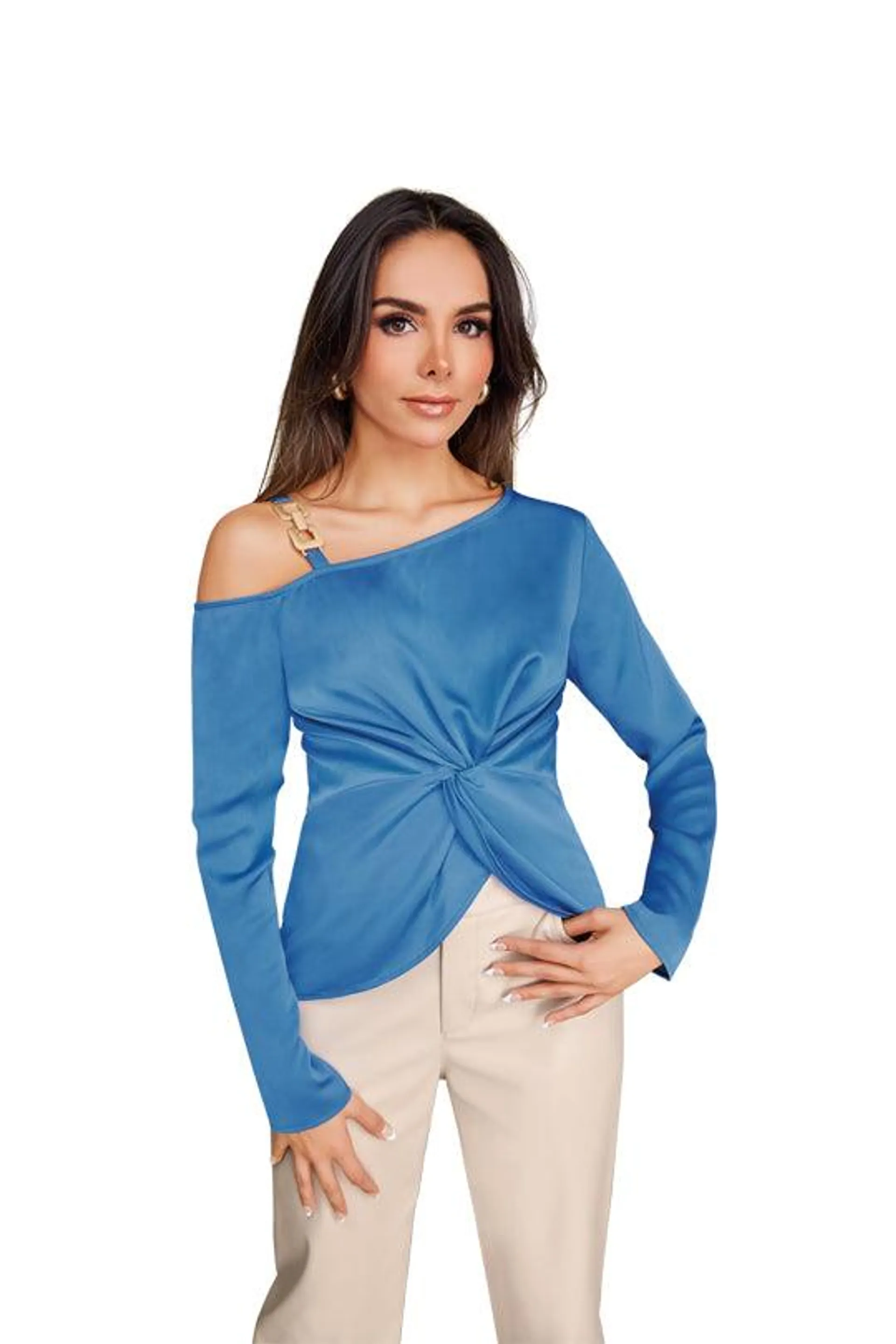 Blusa azul asimétrica con detalle de cadena 96124