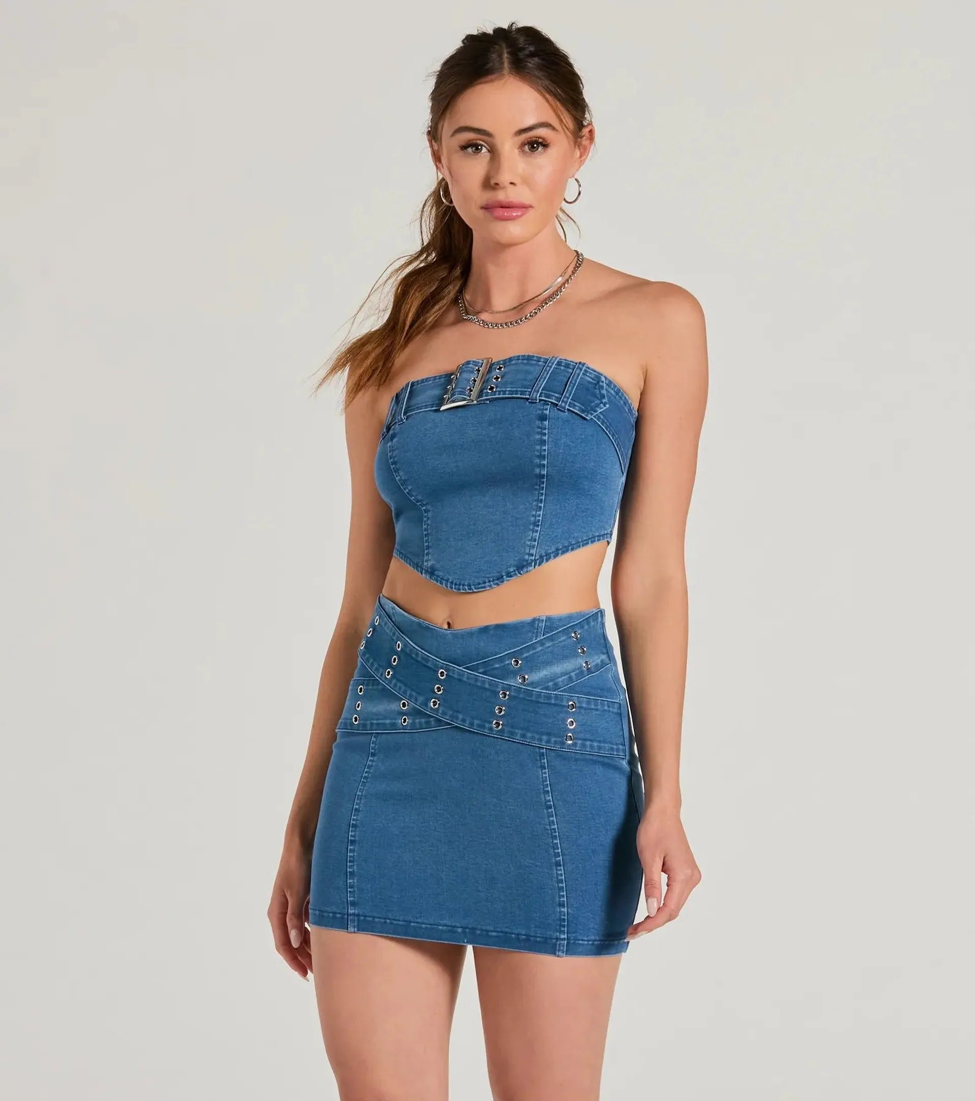 Daily Vibe Strapless Belted Denim Crop Top