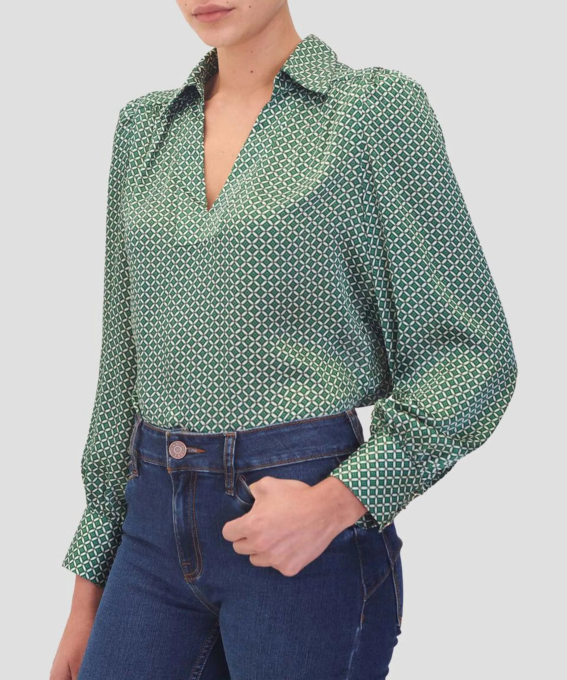 Blusa De Satín Estampado Geométrico Cuello Camisero Mujer