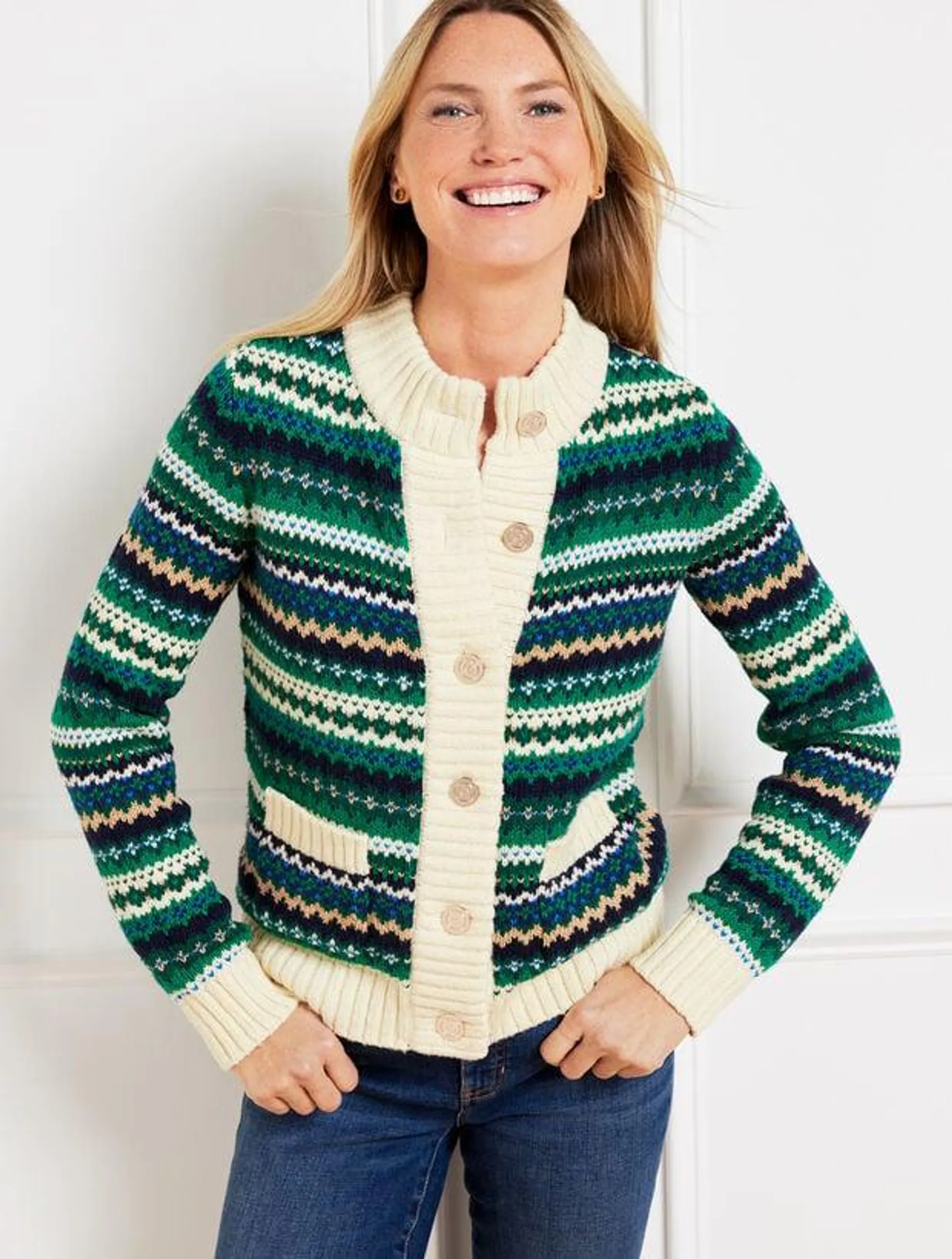 Metallic Mockneck Sweater Jacket - Cadet Fair Isle