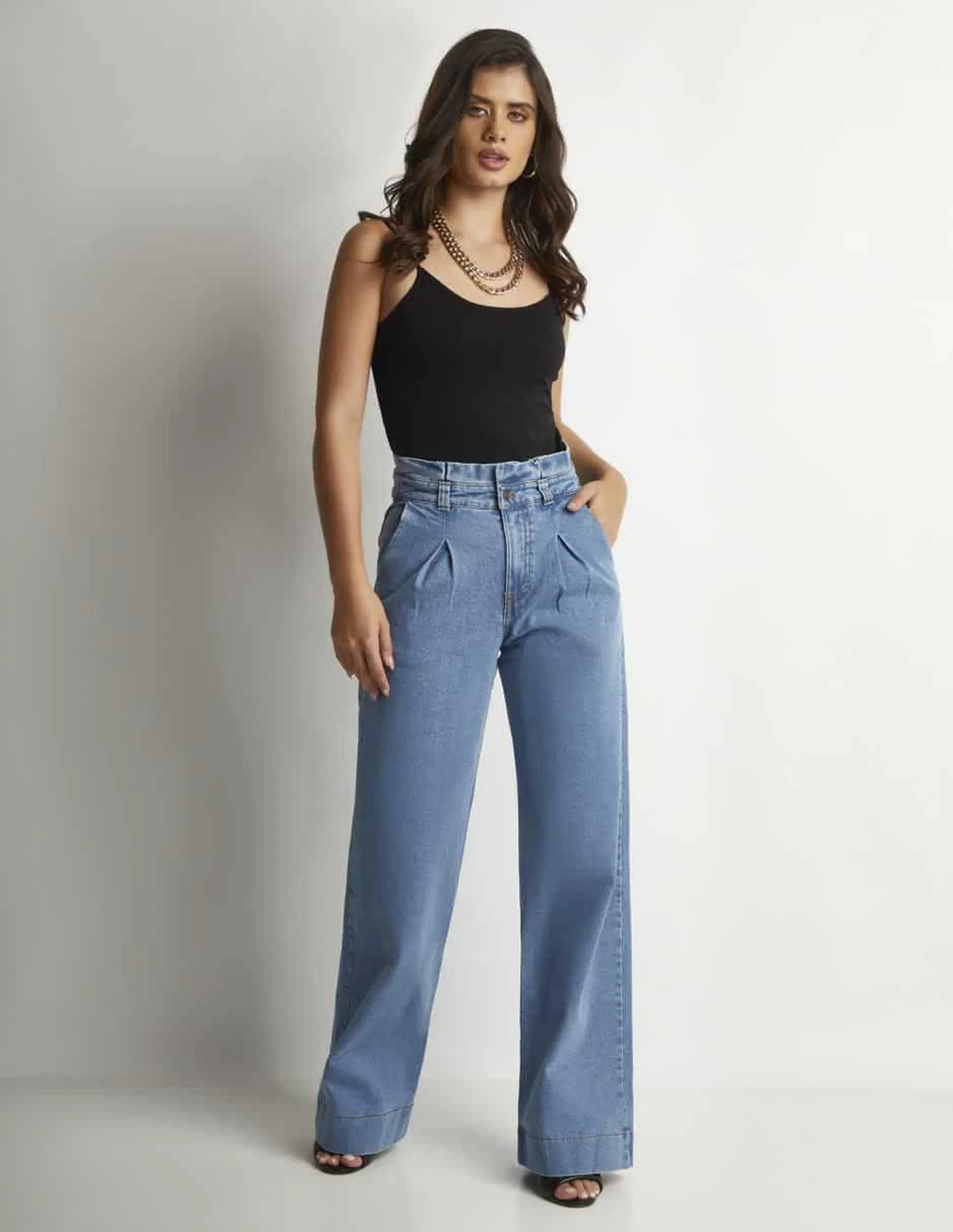 Jeans wide leg Devendi 11340 corte cintura alta para mujer