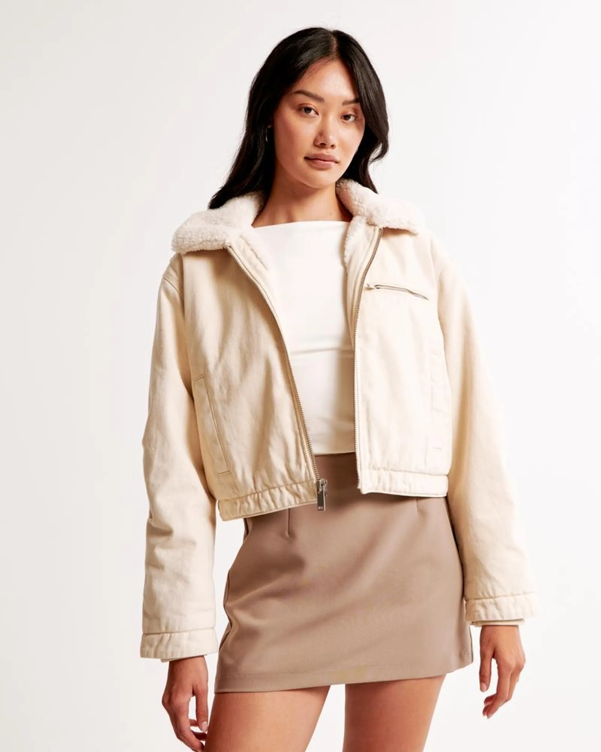 Sherpa-Lined Cropped Twill Workwear Jacket