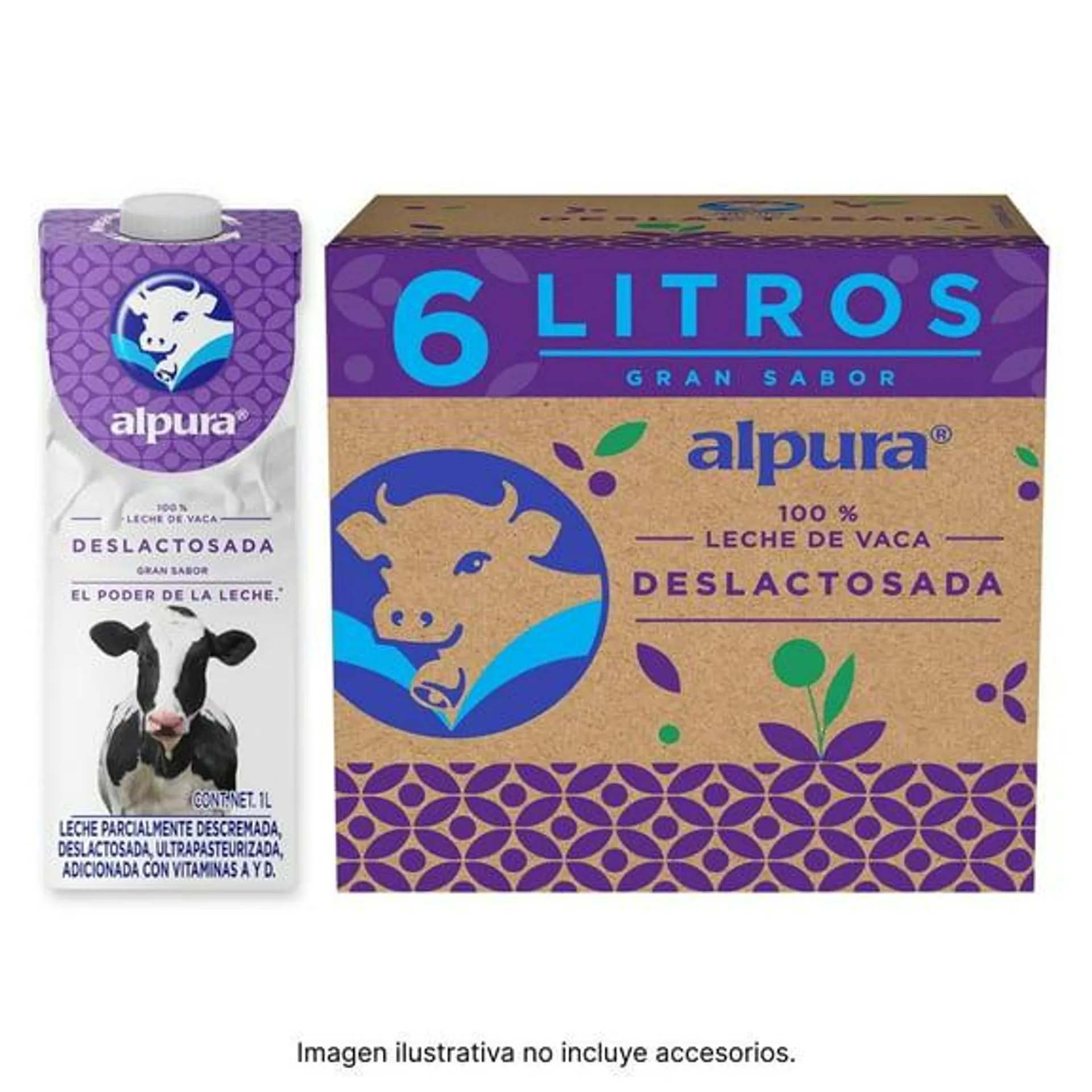 Leche Alpura deslactosada caja con 6 pzas de 1 l c/u