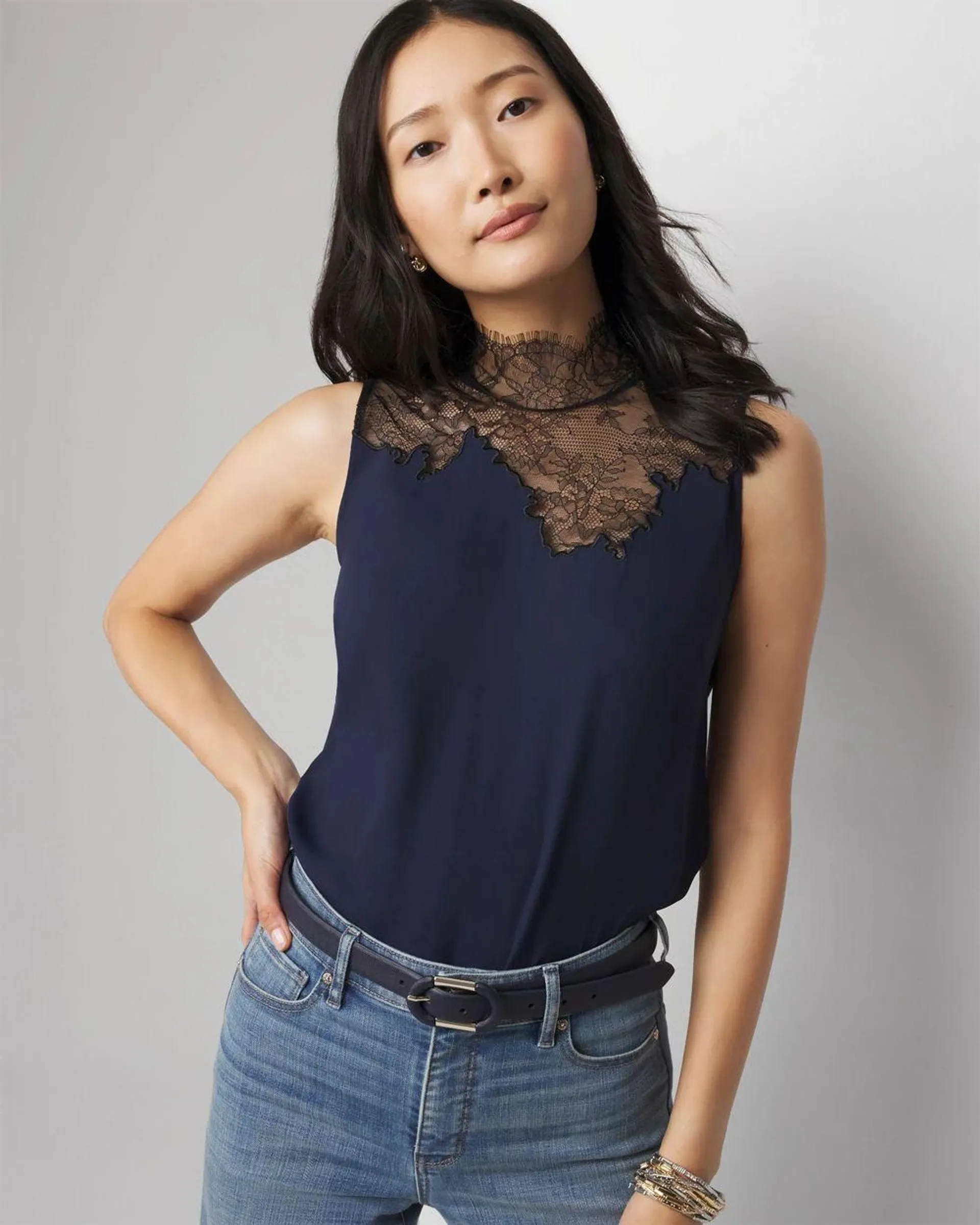 Sleeveless Lace Mockneck Shell