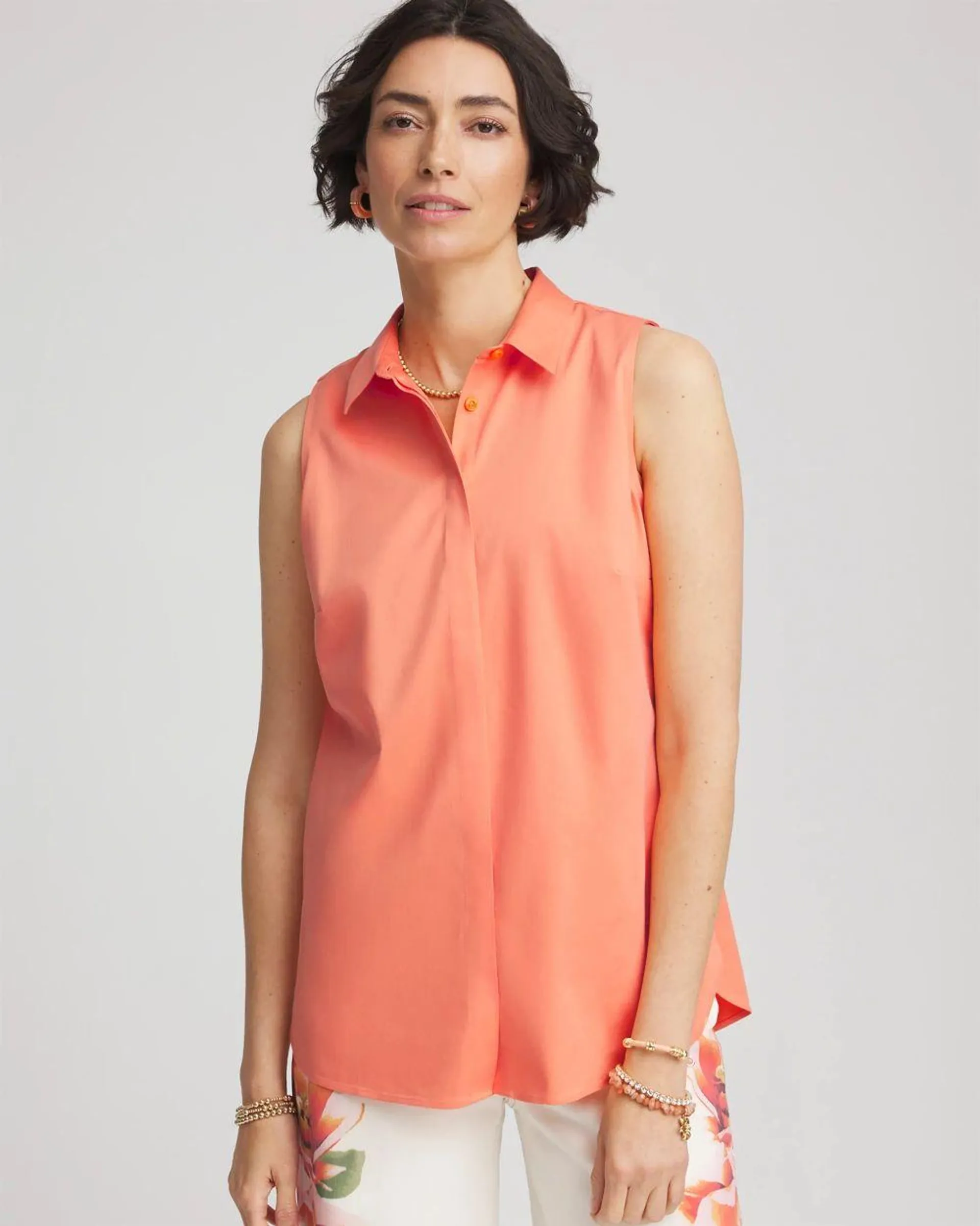 No Iron ™ Sleeveless Sateen-Stretch Shirt