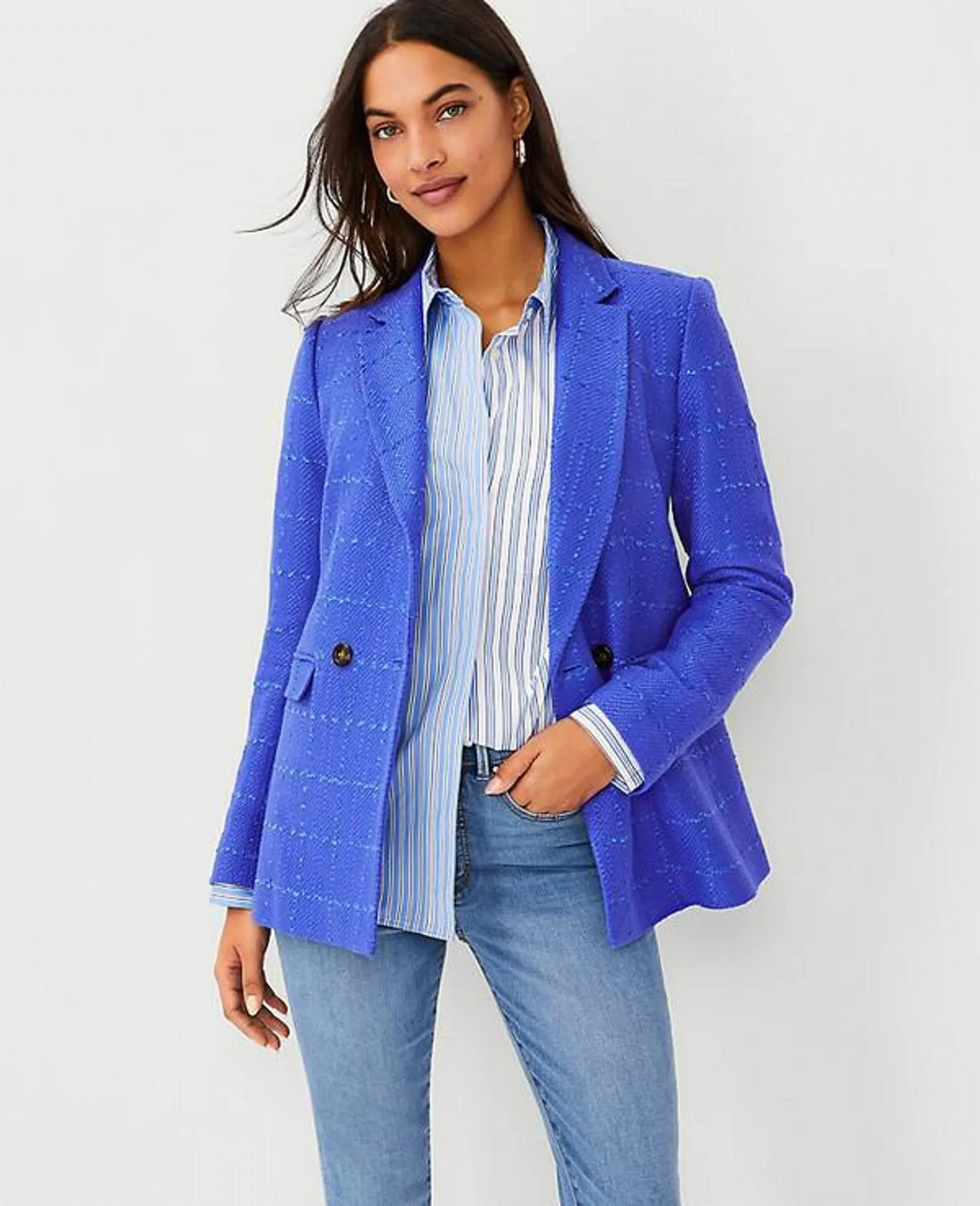 Blazers Ann Taylor The Double Breasted Long in Tweed Azules | 392178-IOS