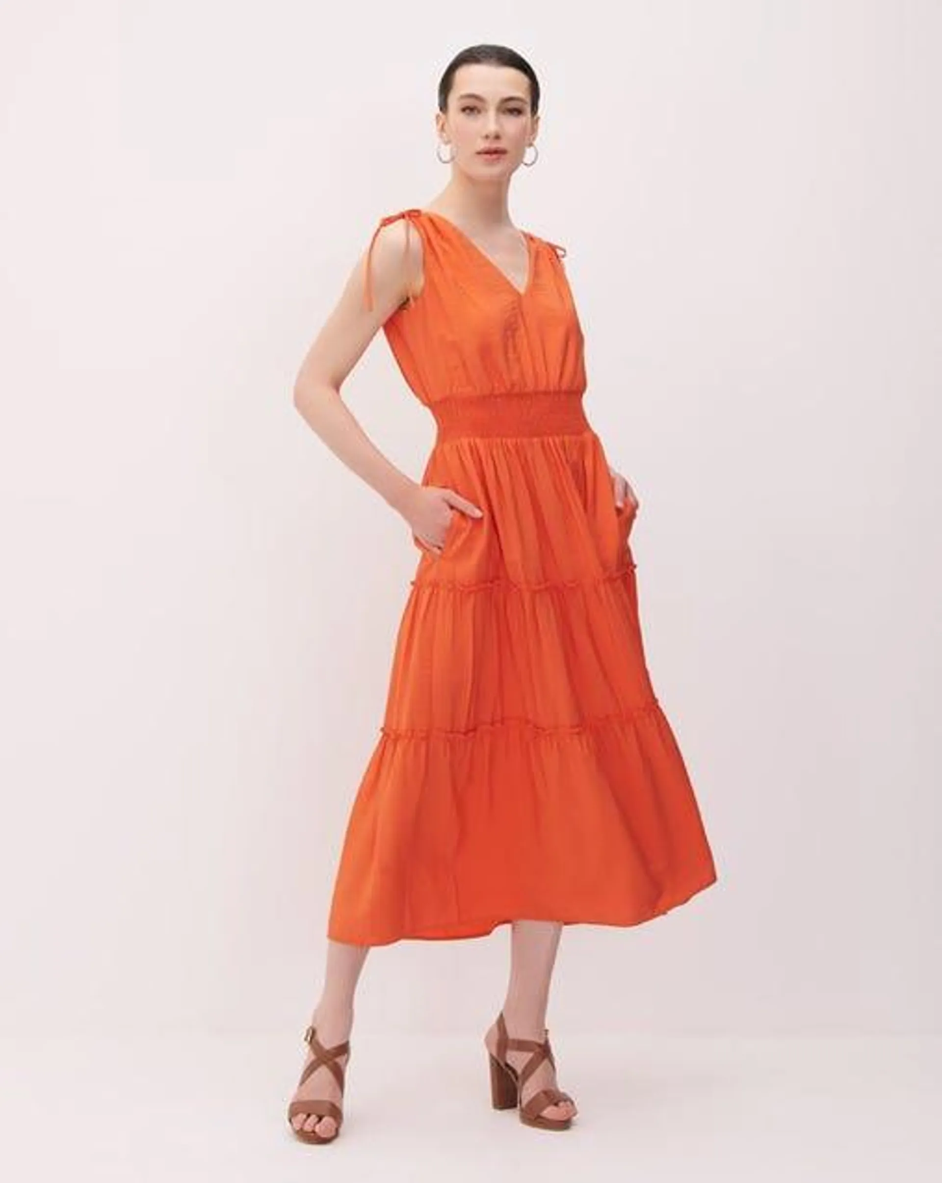 Maxi Vestido Naranja Con Enresortados