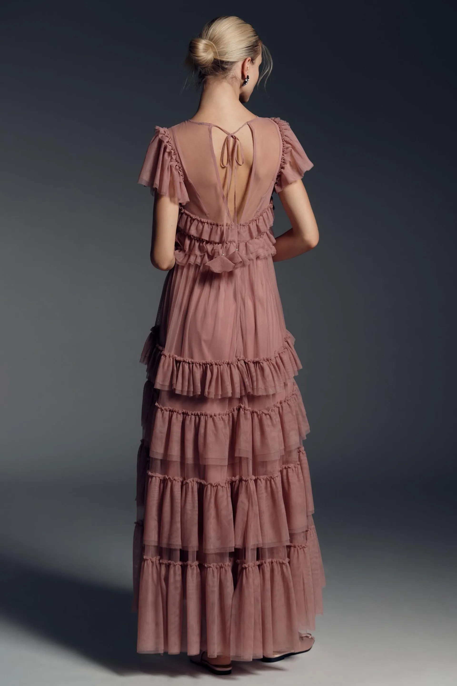 By Anthropologie Ruffle-Sleeve Tiered Tulle Midi Dress