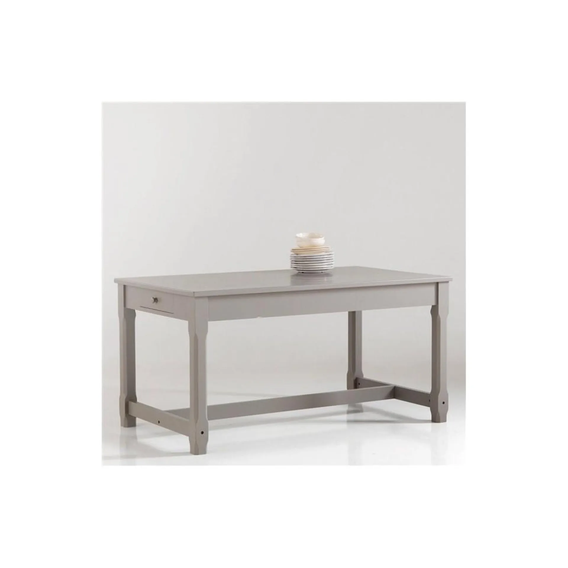 Erine – Mesa de comedor estilo tradicional, madera maciza de pino color gris