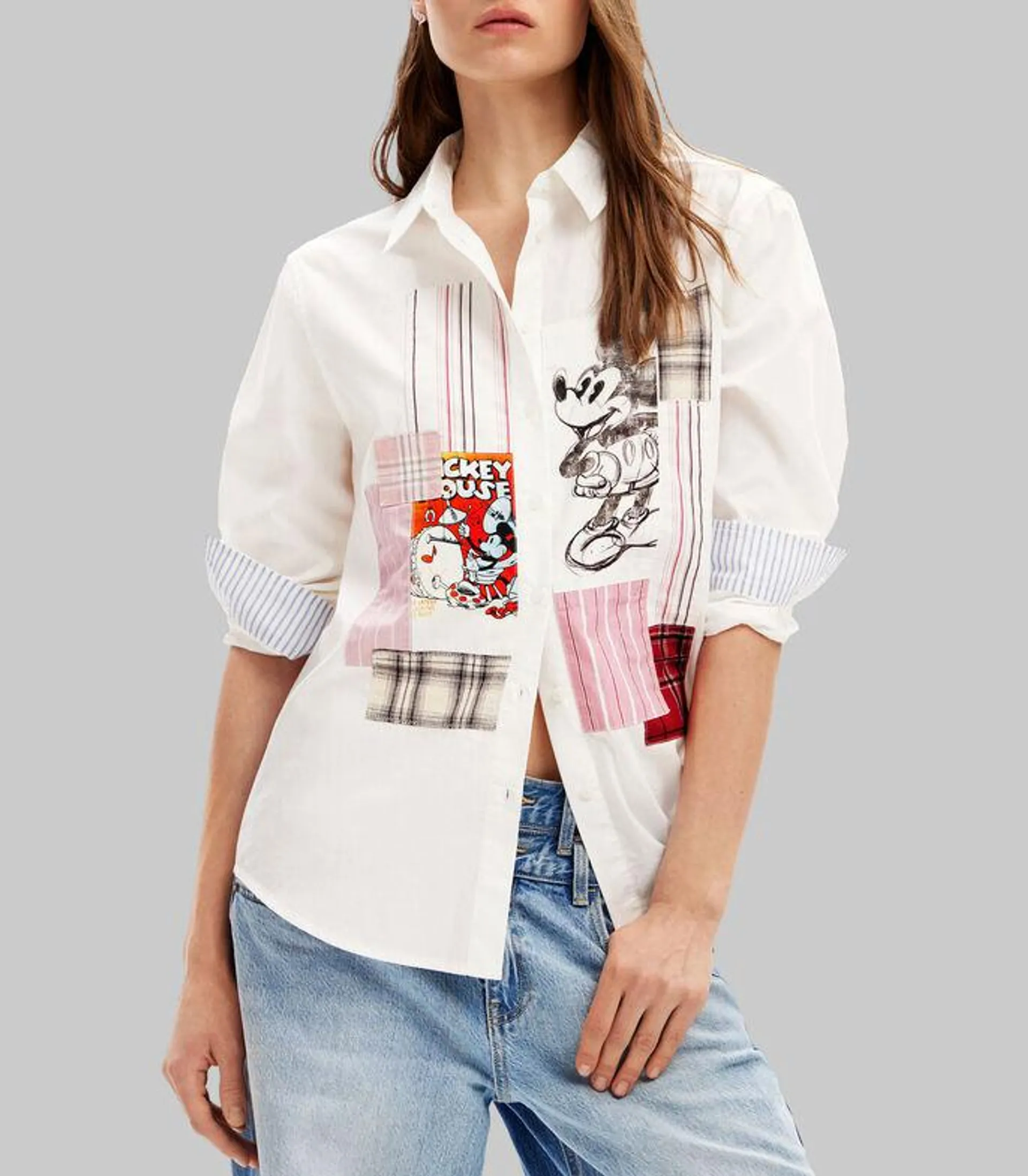 Camisa con bordado Mickey Mouse manga larga Mujer