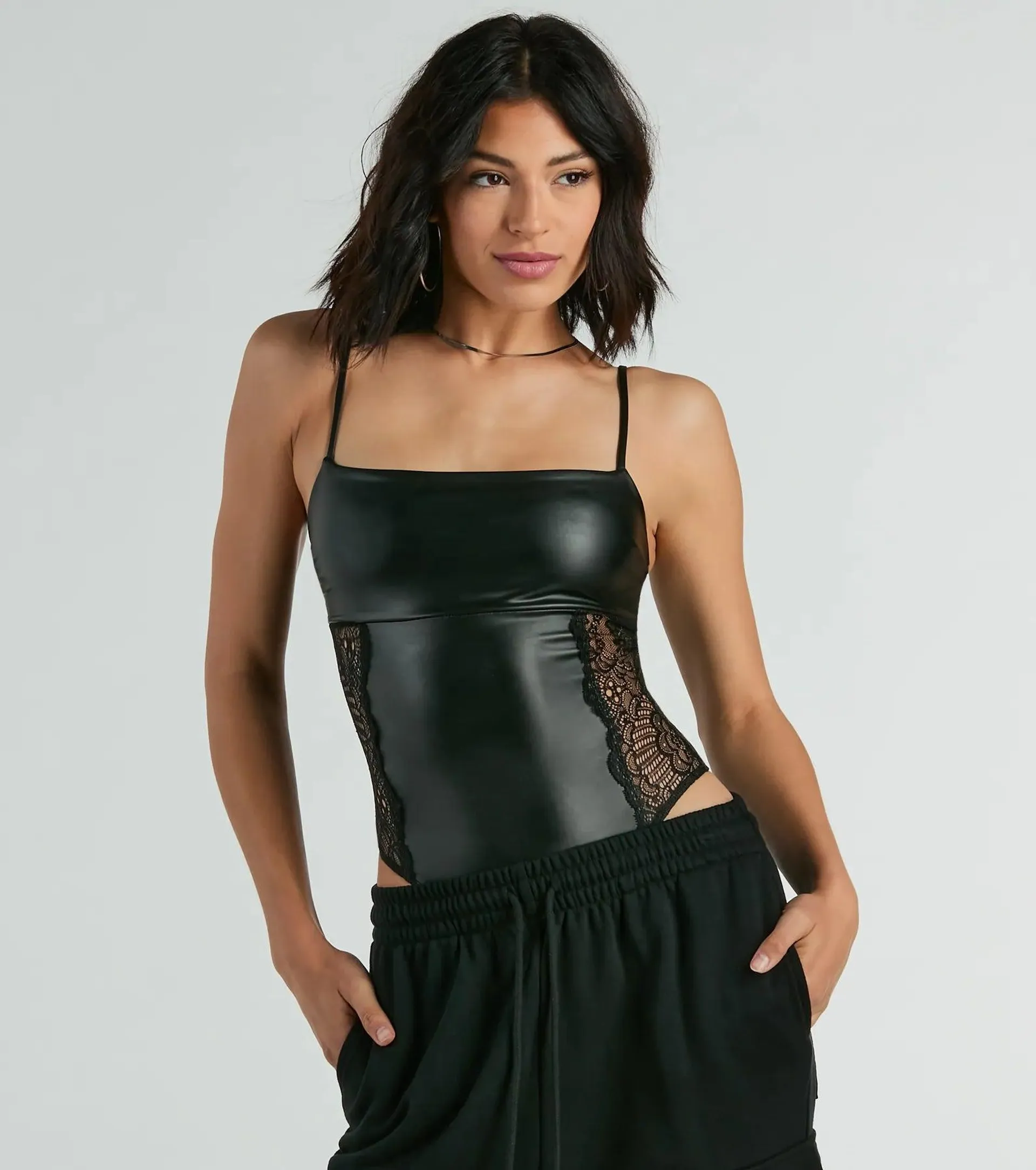 Daring Encounter Lace Faux Leather Bodysuit