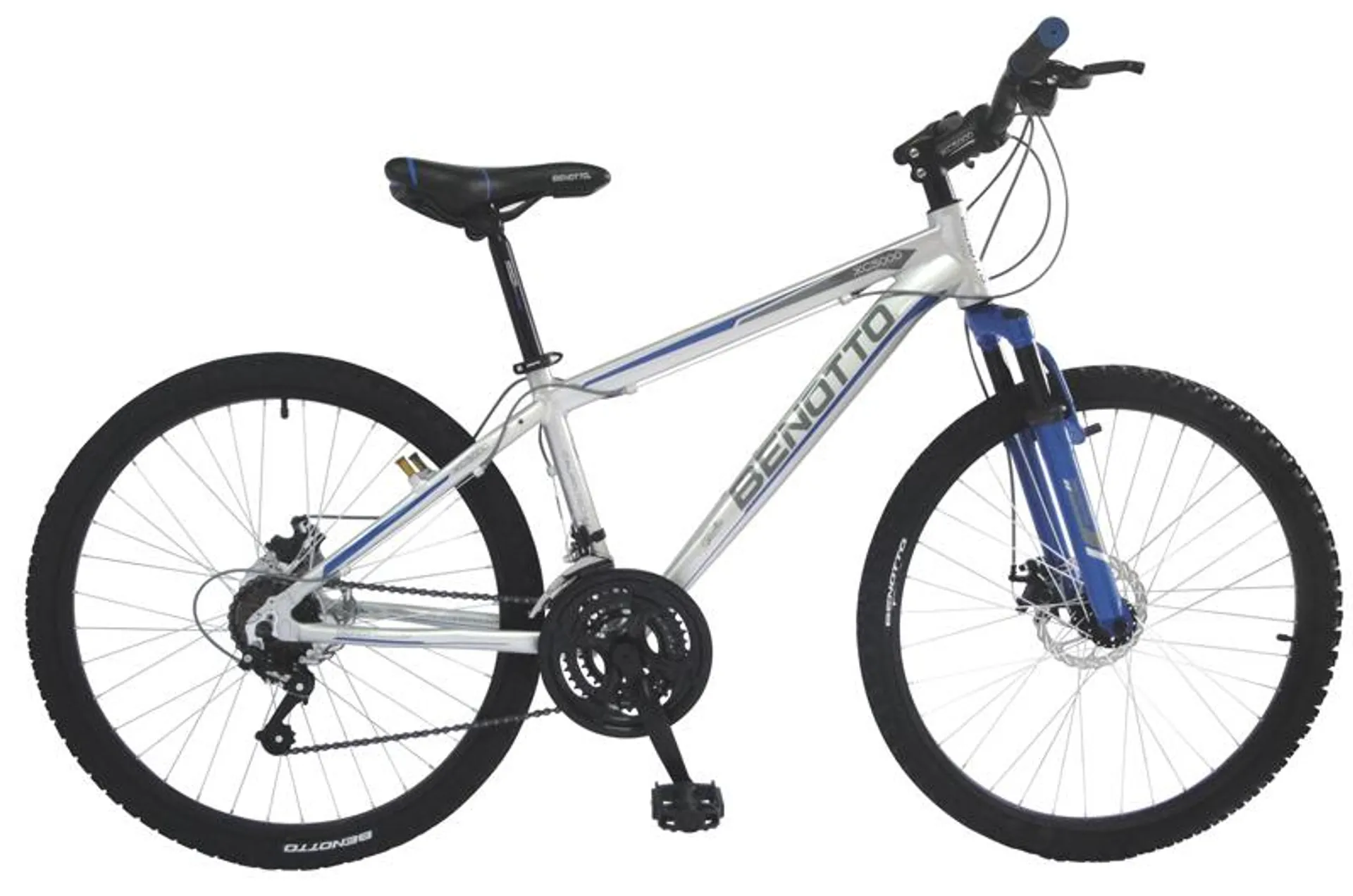 Bicicleta BENOTTO Montaña XC-5000 R26 21V. FS Frenos Doble Disco Mecanico Aluminio Plata/Azul Talla:SS