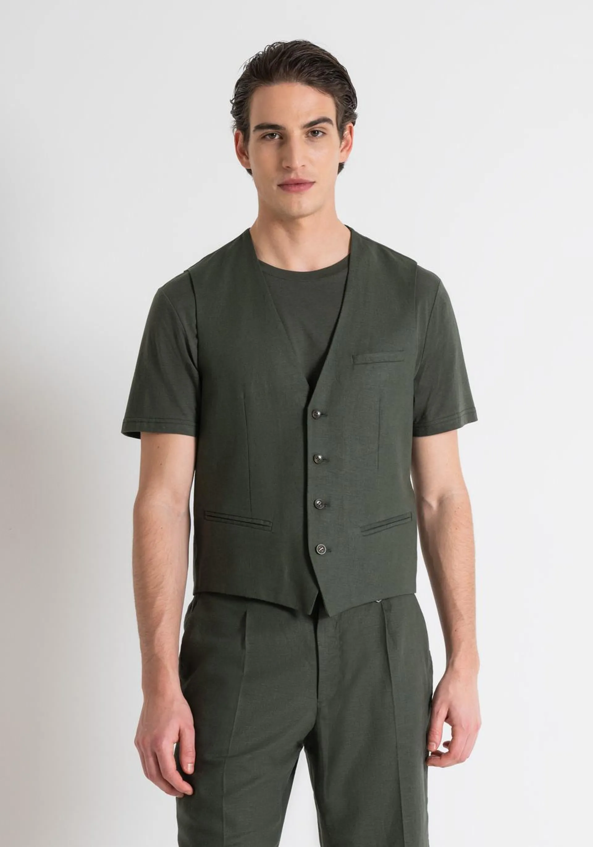 FOUR-BUTTON LINEN BLEND SLIM FIT VEST