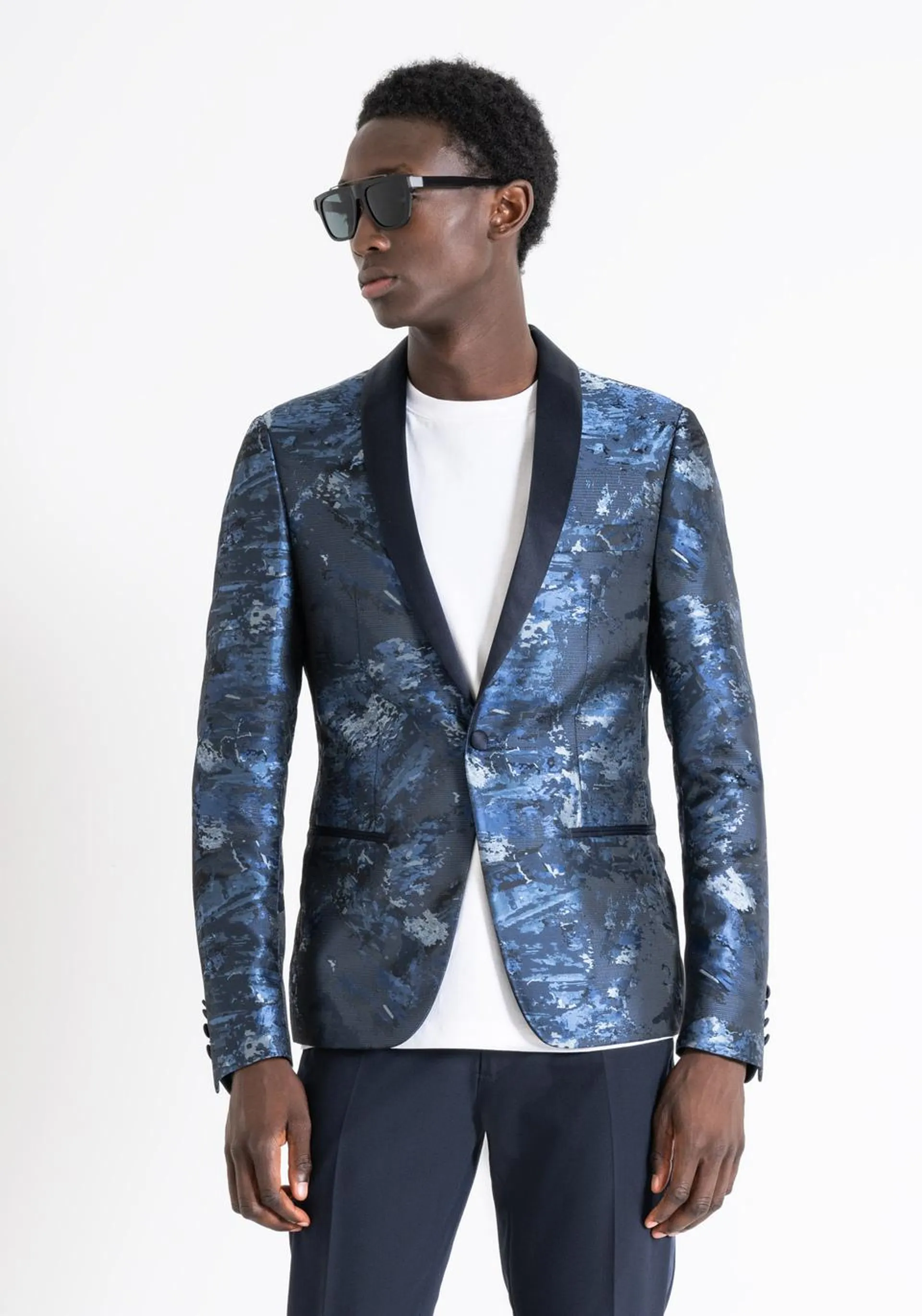 SLIM FIT "ROXANNE" JACKET IN JACQUARD FABRIC WITH SATIN CONTRAST