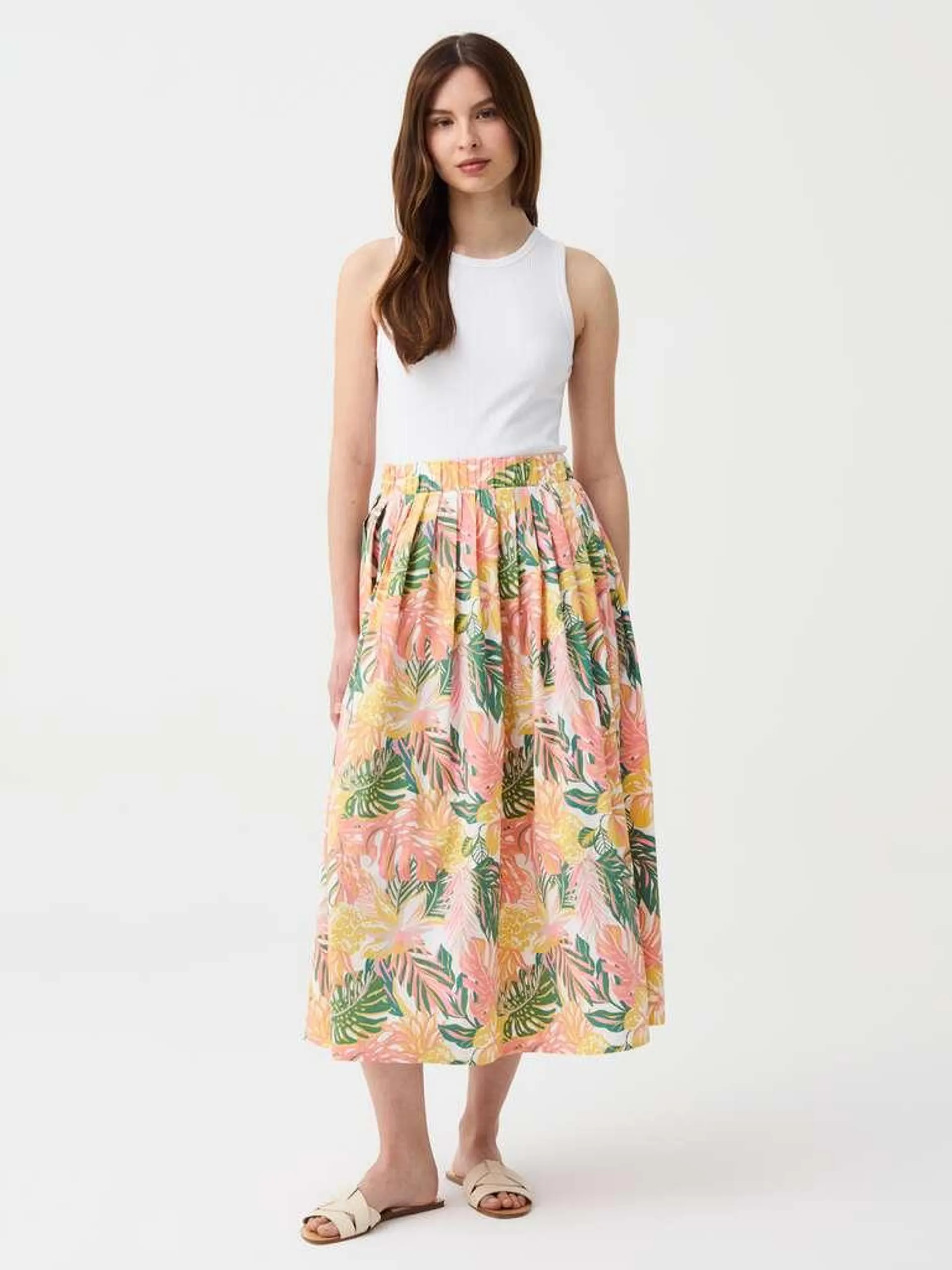 Pink/Green Long full skirt with pleating and print