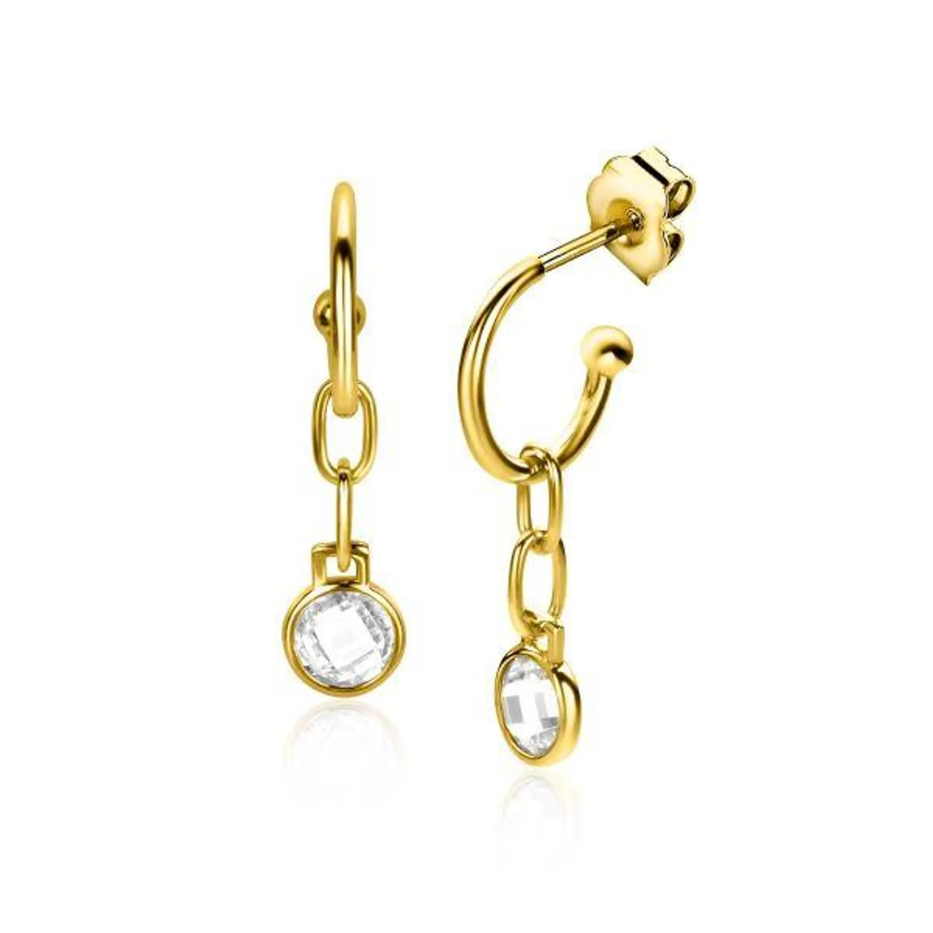 30mm ZINZI Gold Plated Sterling Silver Earrings Hoop and Paperclip Chain with Dangling Round White Zirconia ZIO2304G