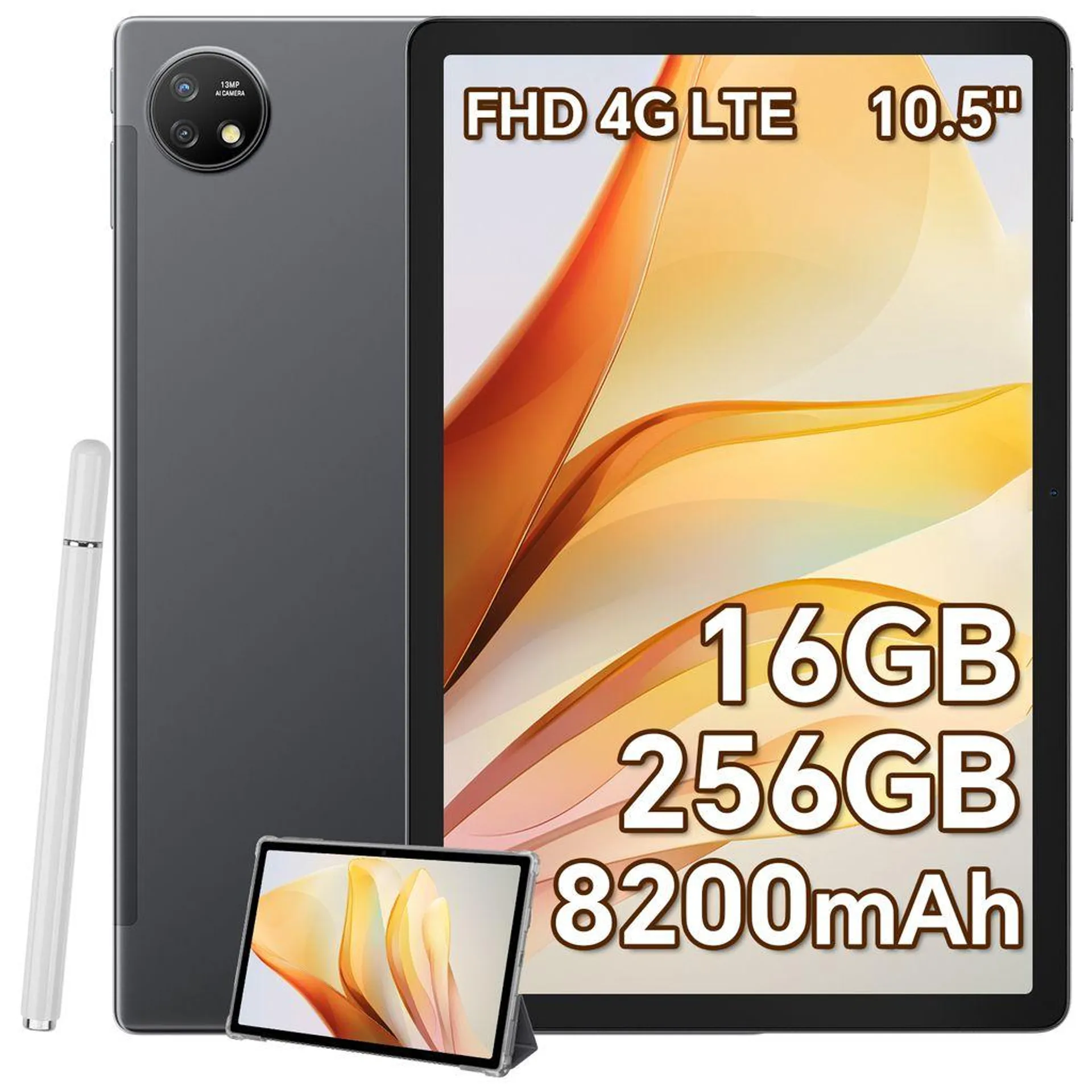 OSCAL Pad 16 Tablet 10,5 Zoll mit Touchstift und Hülle, 16GB RAM+256GB ROM, 8200mAh Akku, 13MP Kamera, Gesichtserkennung, Dual SIM 4G, 5G WiFi, Grau