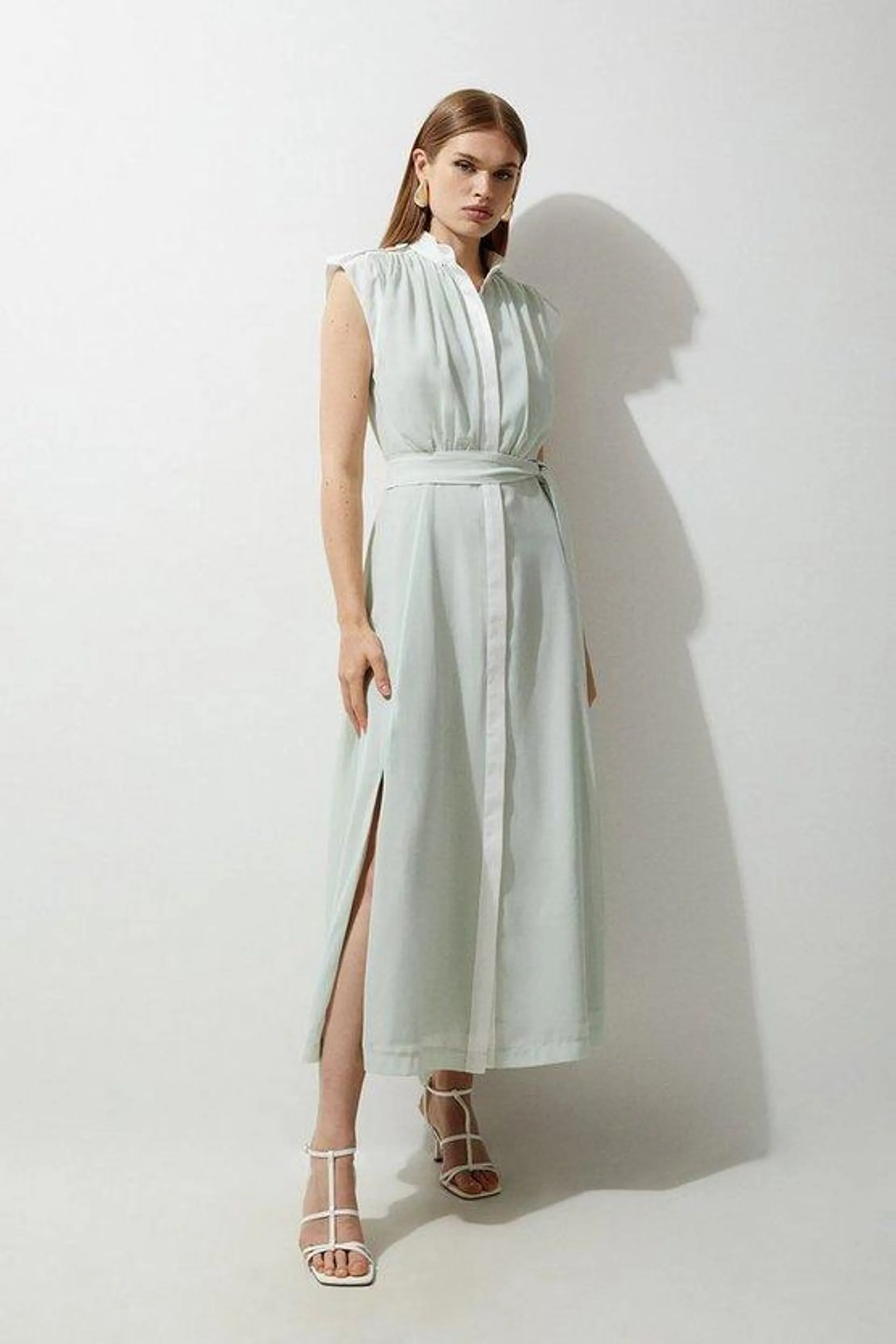 Military Mono Sleeveless Belted Woven Midi Dress