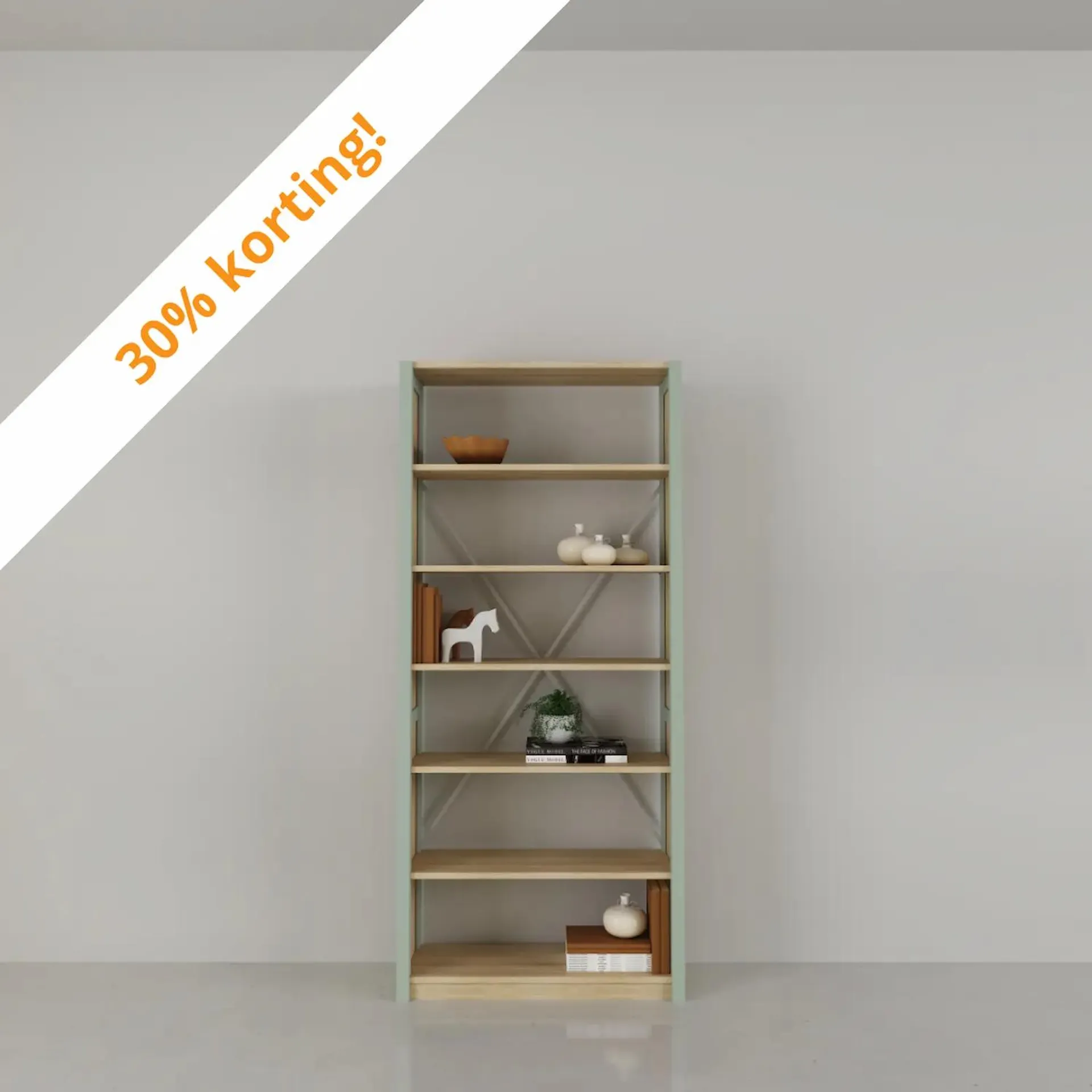 Compacte boekenkast in blank gelakt & nevelgrijs. Nu 30% korting!