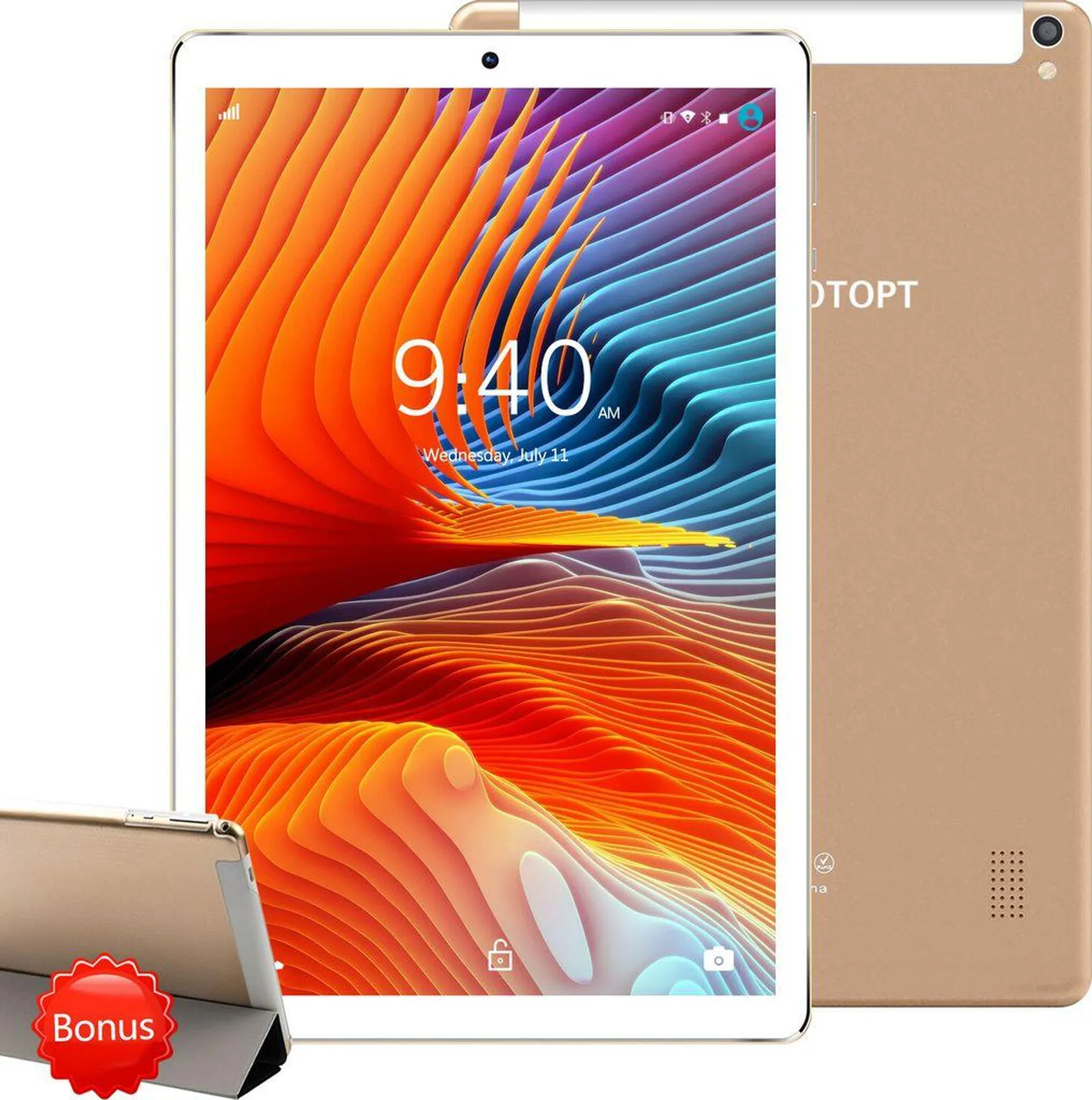 YOTOPT Tablets 10 Zoll (25.6 cm) mit Hülle, Octa-core, Android 10.0, 64GB, 4GB RAM, 4G Dual SIM, WIFI/Bluetooth, GPS, Type-C/SD, Farbe: Gold