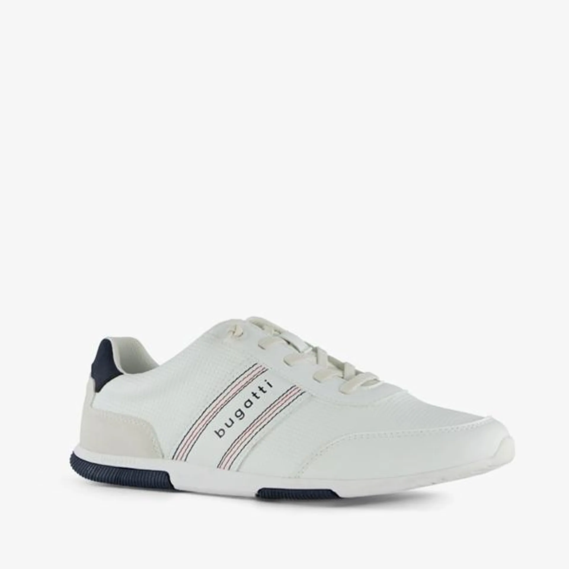 Witte heren sneakers met blauwe accenten van Bugatti. Het buitenwerk is gem...