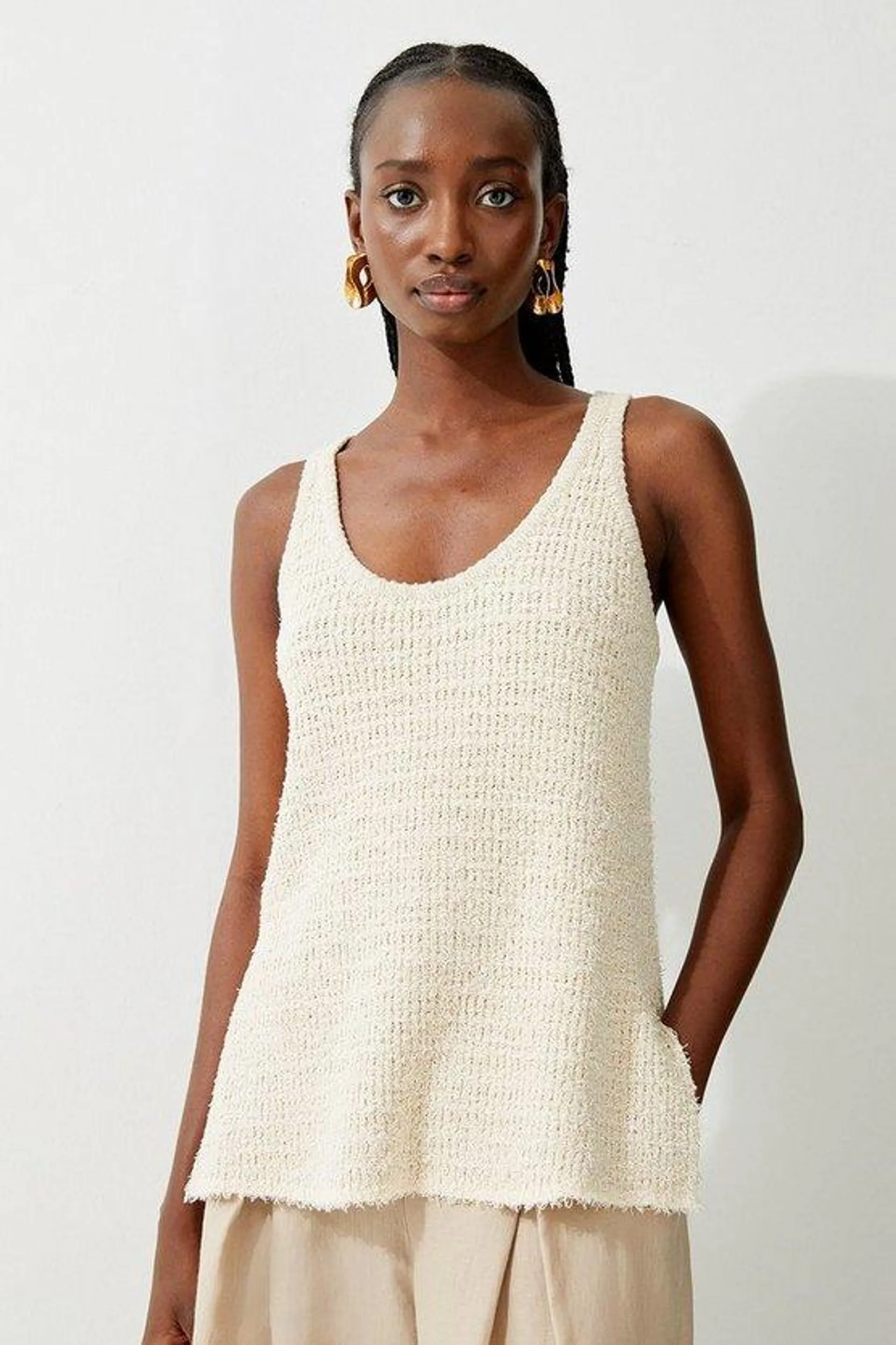 Textured Knit Cotton Blend Scoop Neck Longline Knit Vest