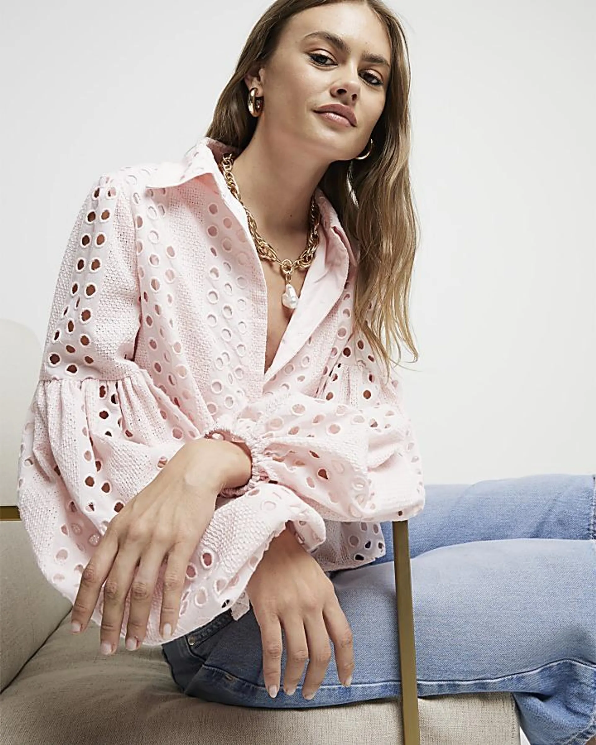 Pink Broderie Puff Sleeve Shirt