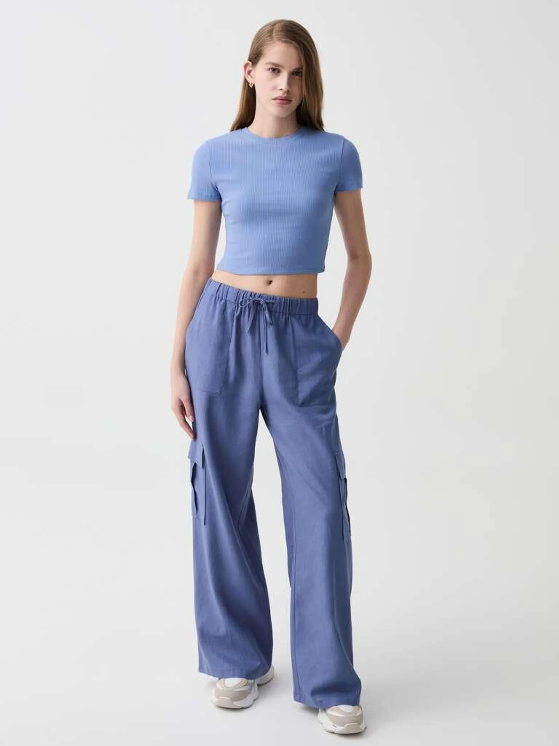 Indigo Blue Cargo trousers in linen and viscose