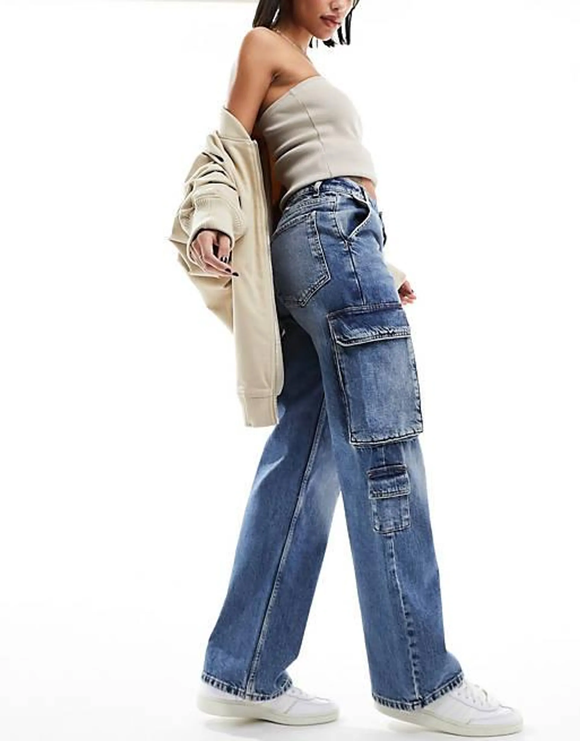 New Look - Cargo jeans in blauwe vintage wassing