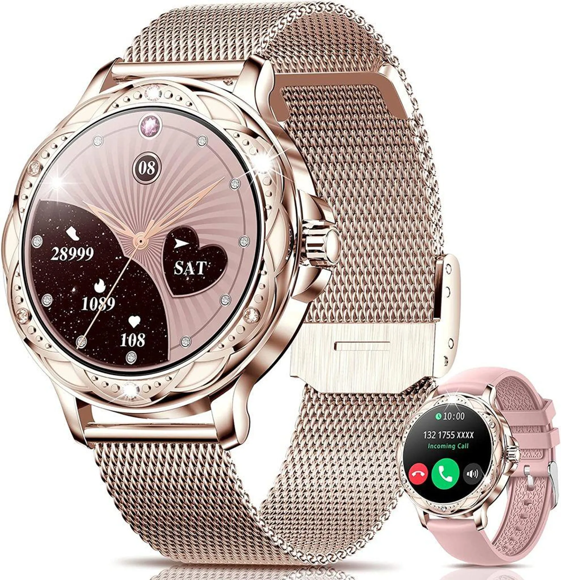 Smartwatch Damen mit Telefonfunktion, 1.2 Zoll Kleine Fitnessuhr Damen Rund mit Pulsuhr,SpO2,Schlafmonitor,Schrittzähler Uhr Damen,Sportuhr für Android iOS (Roségold)