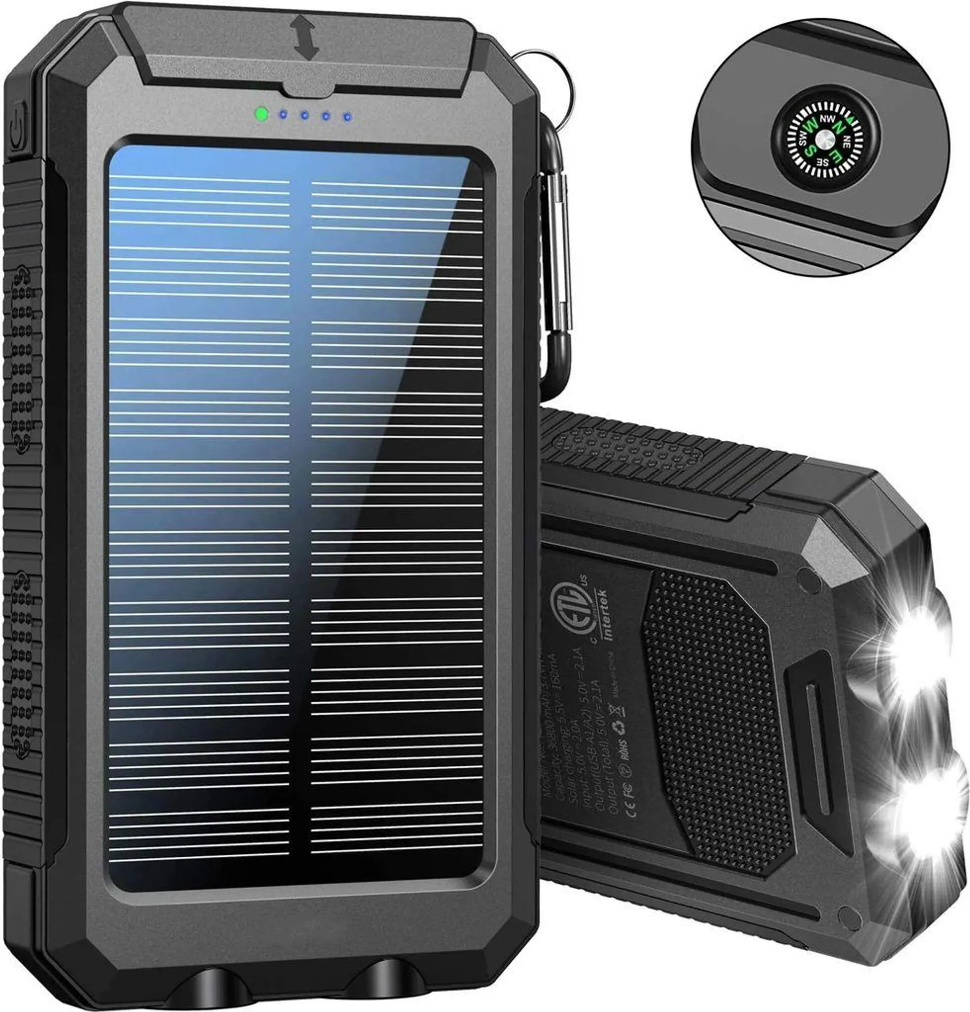 Solar Powerbank, 30000mAh Wasserdichtes Solar Ladegerät USB Externer Akku mit 2 Outputs, Power Bank für Smartphones, Tablets und mehr, mit Taschenlampe und Compas