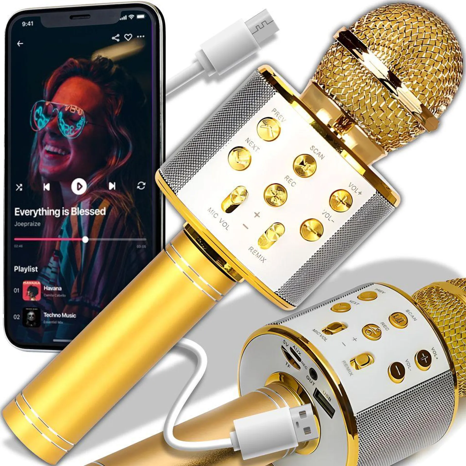 Bluetooth Karaoke Mikrofon Handmikrofon Handheld Kinder Wireless Tragbares Funkmikrofon Handmikrofon Karaoke-Mikrofon Stereo Sound Kondensator Gold Retoo