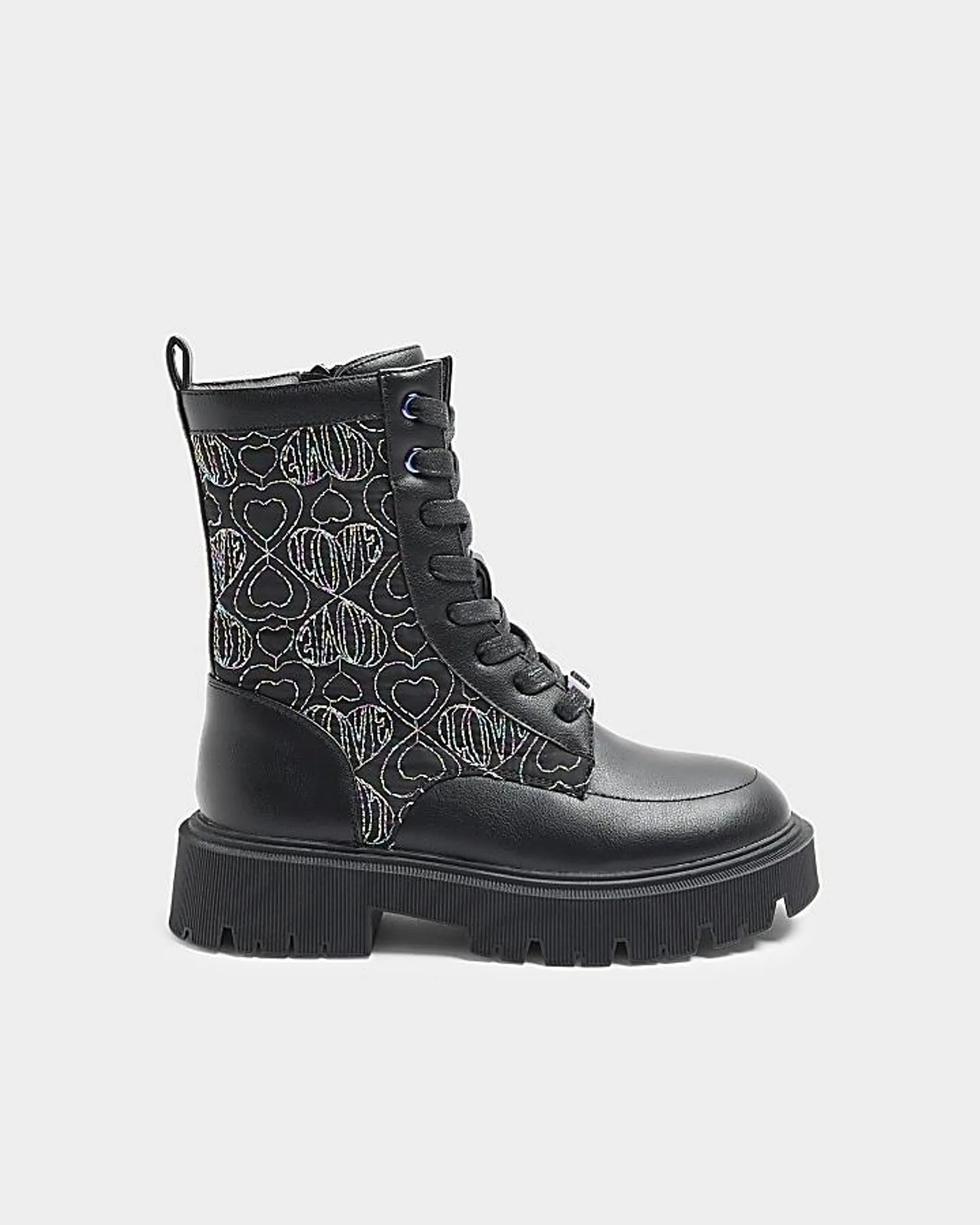 Girls black heart stitch chunky boots