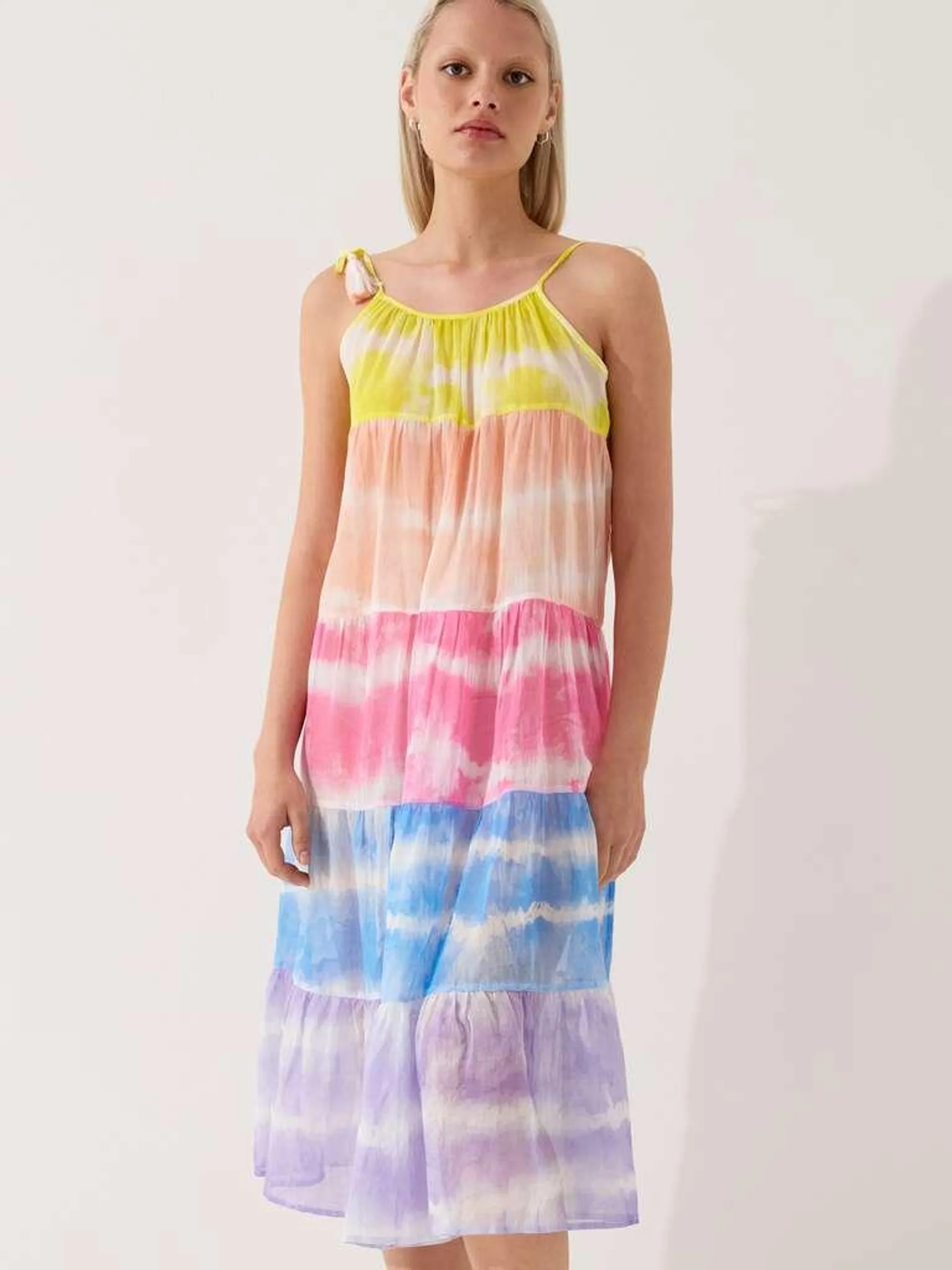 Yellow/Pink Tie-dye tiered beach cover-up dress