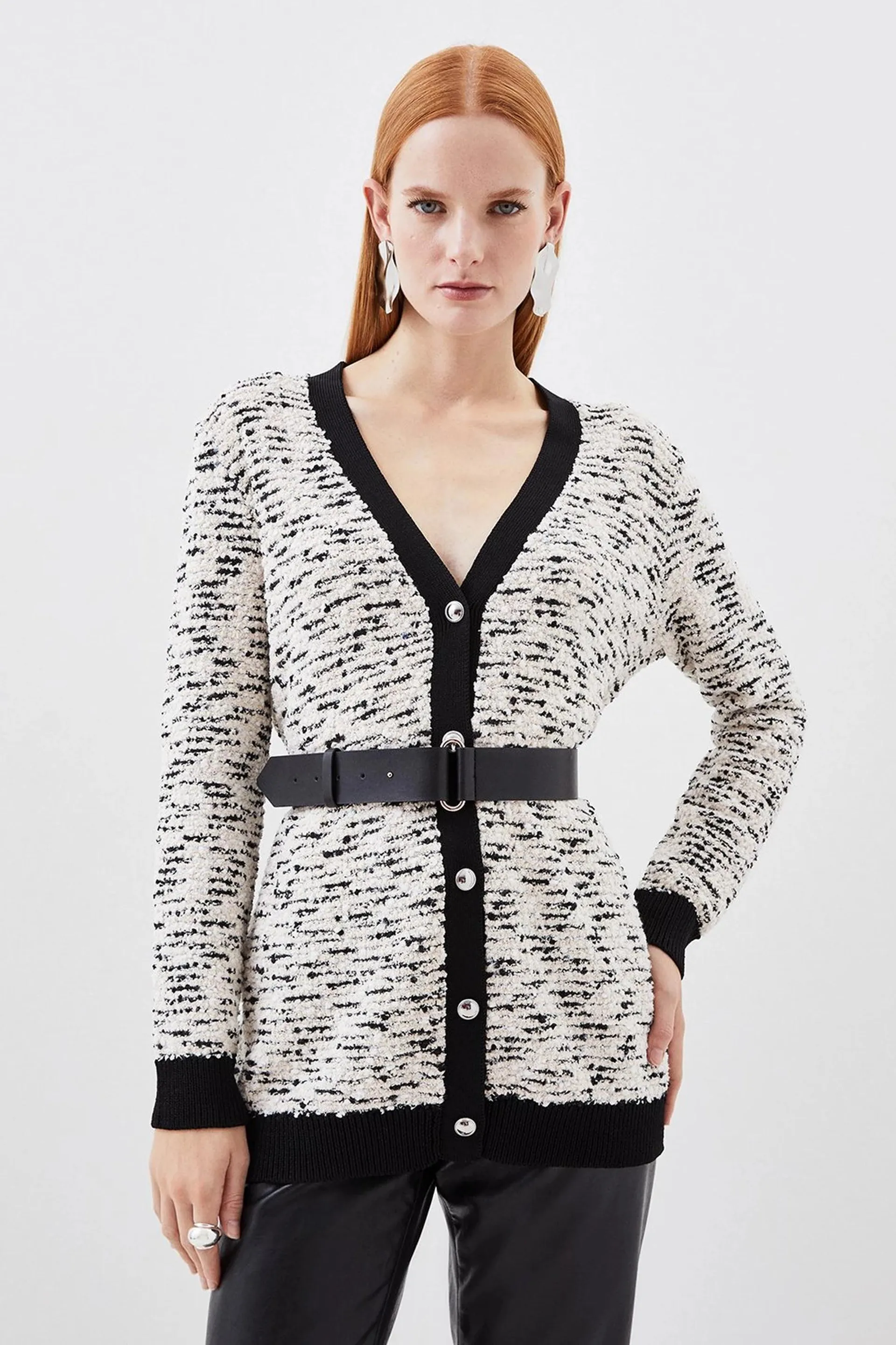 Jacquard Knit Belted Cardigan