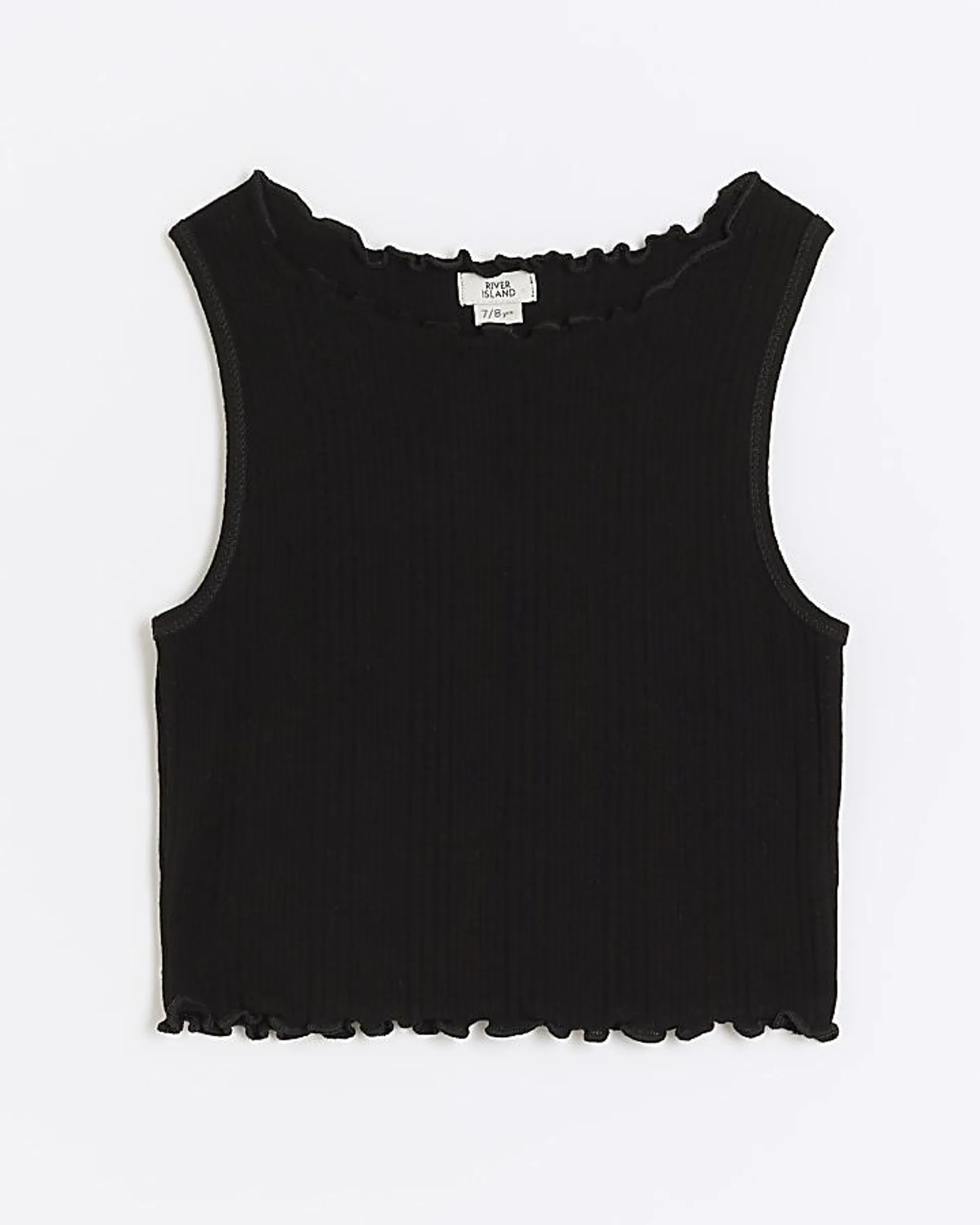 Girls black ribbed lettuce hem vest top