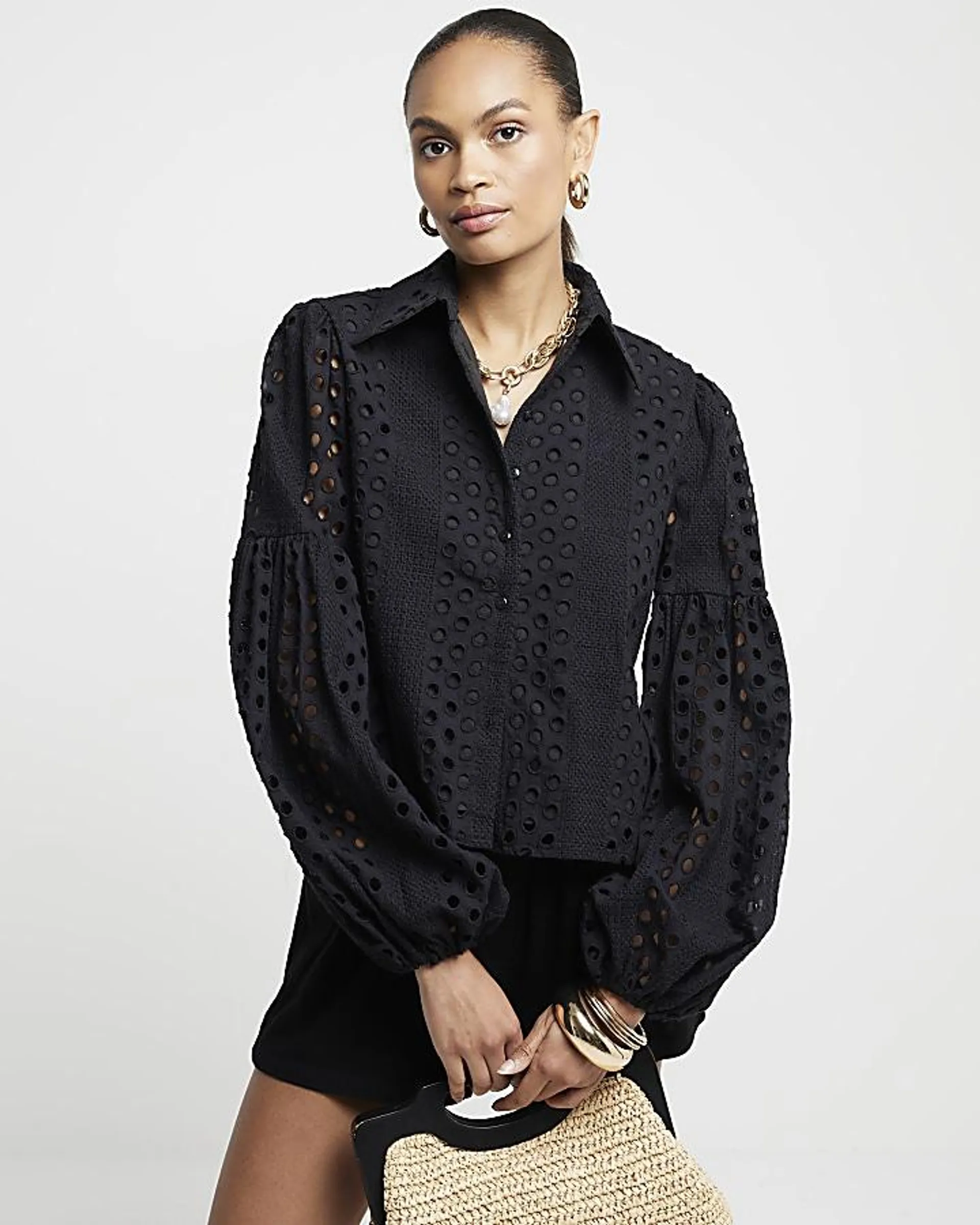 Black Broderie Puff Sleeve Shirt