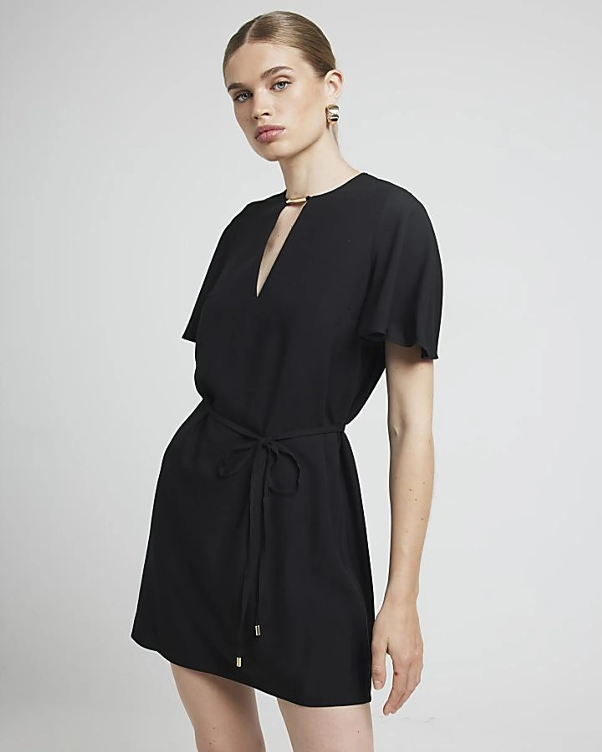 Black cut out flute sleeve shift mini dress