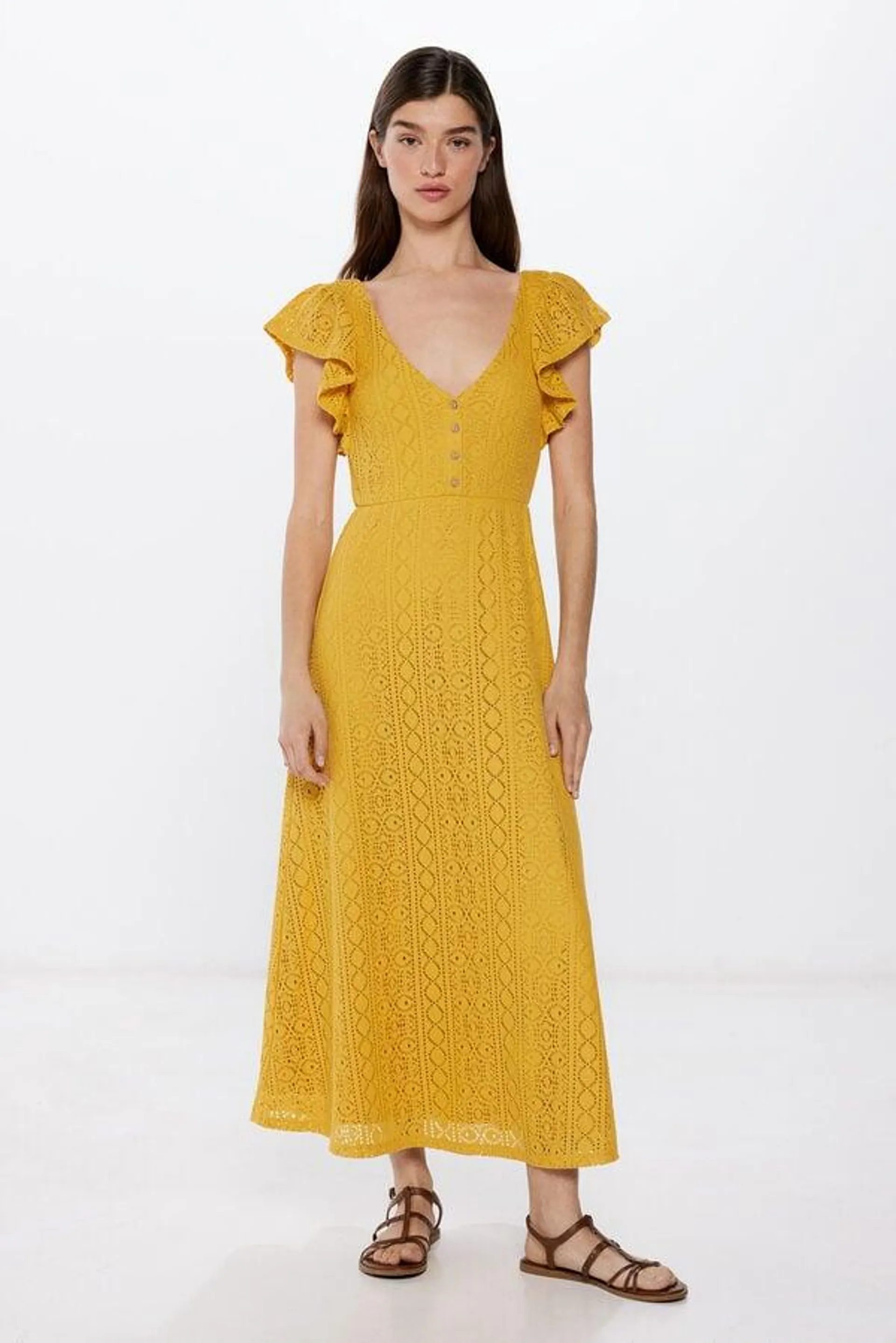 Vestido Midi Crochet Hombros Volante