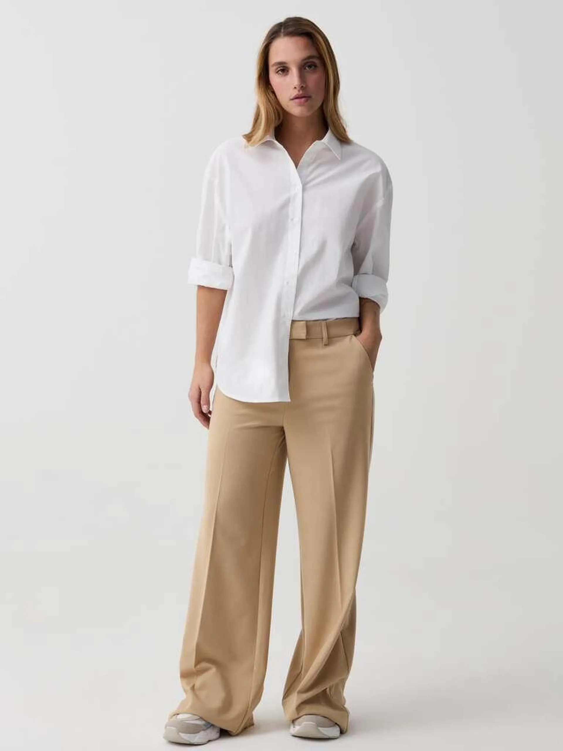 Beige Wide-leg tailored trousers