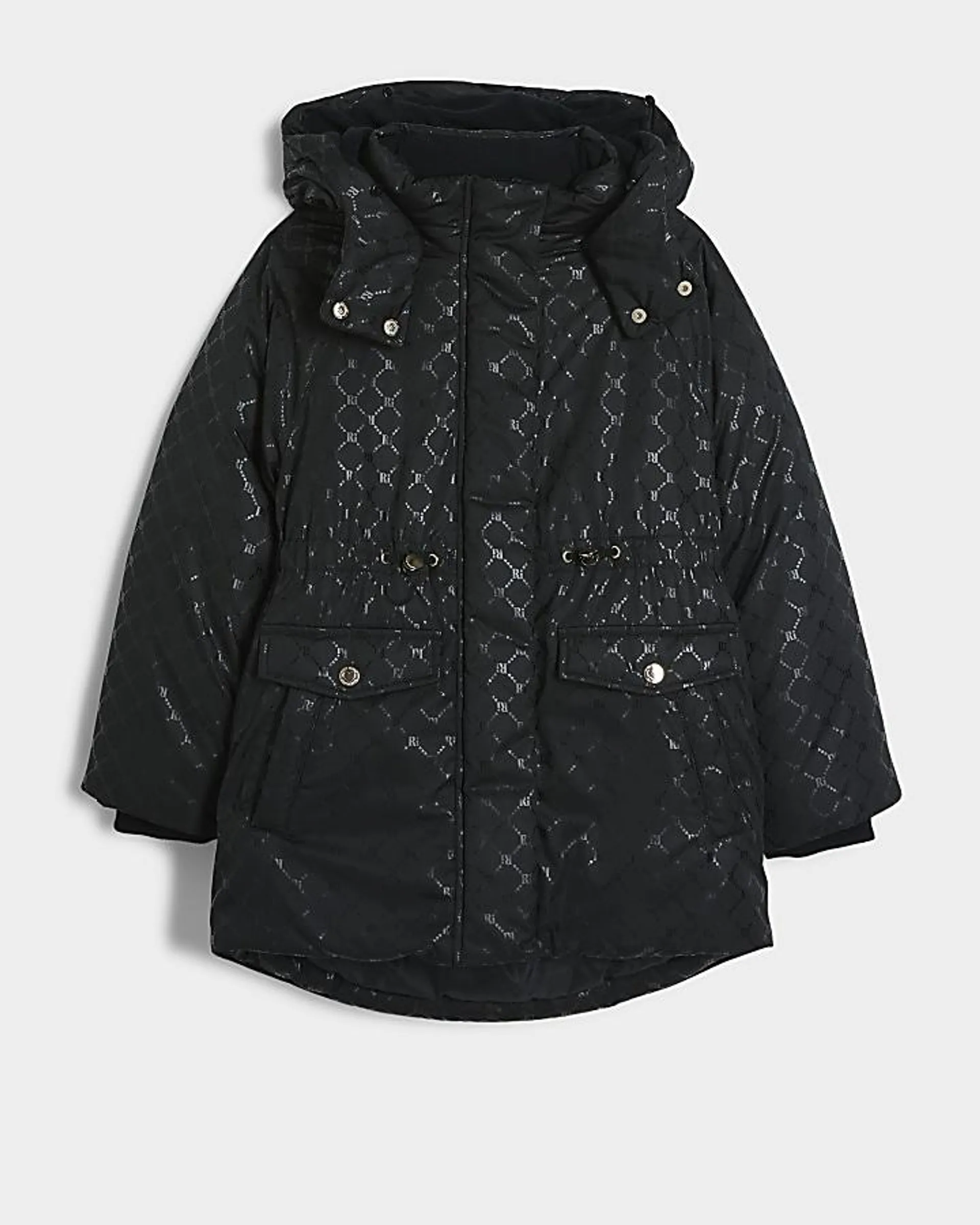 Girls black RI monogram padded hooded jacket