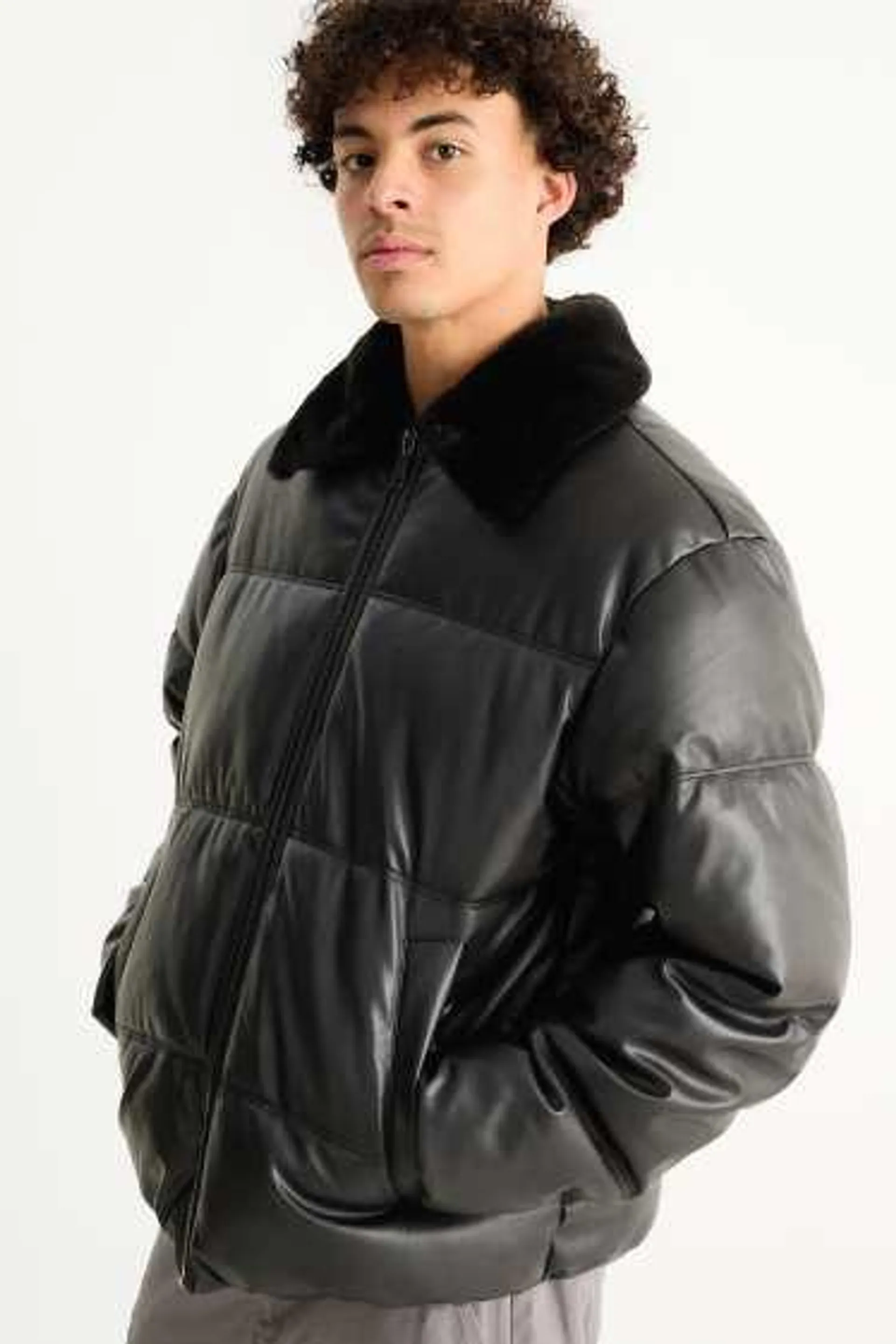 Quilted jacket with faux fur trim - faux leather