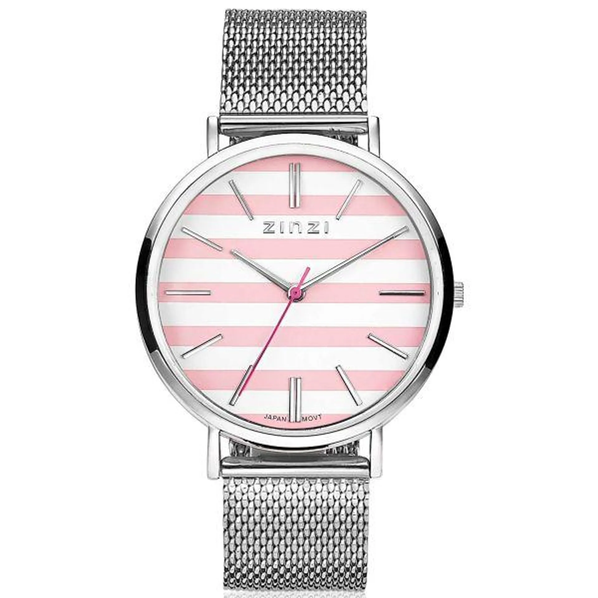 ZINZI Retro Watch Pink-White Striped Dial Silver Colored Stainless Steel Case and Mesh Strap 38mm ZIW419M