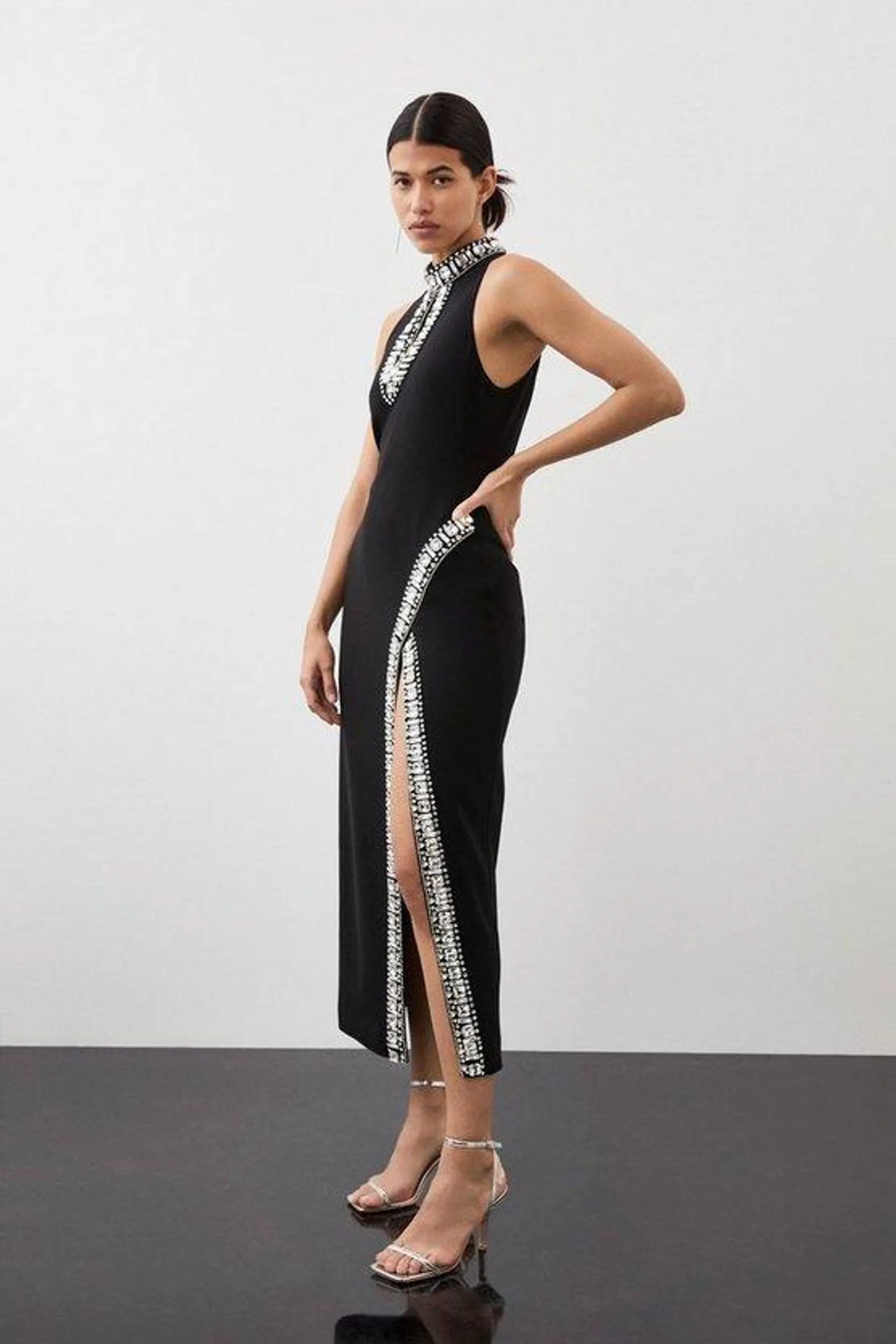 Crystal Embellished Woven Thigh Split Midi Dress