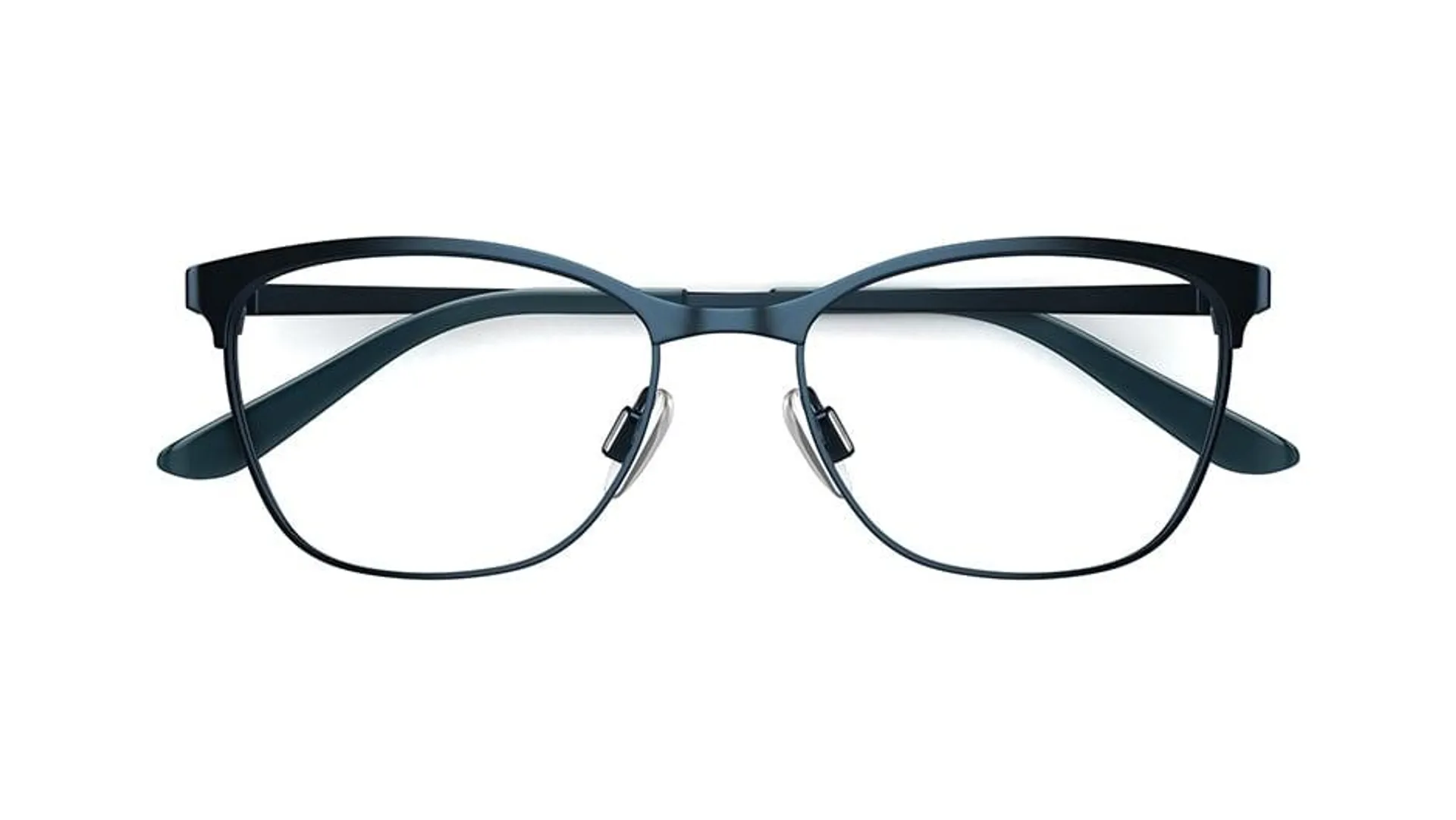 Smart teacup-shaped glasses in navy-blue stainless steel. Finished with comfortable acetate plastic tips in teal blue.