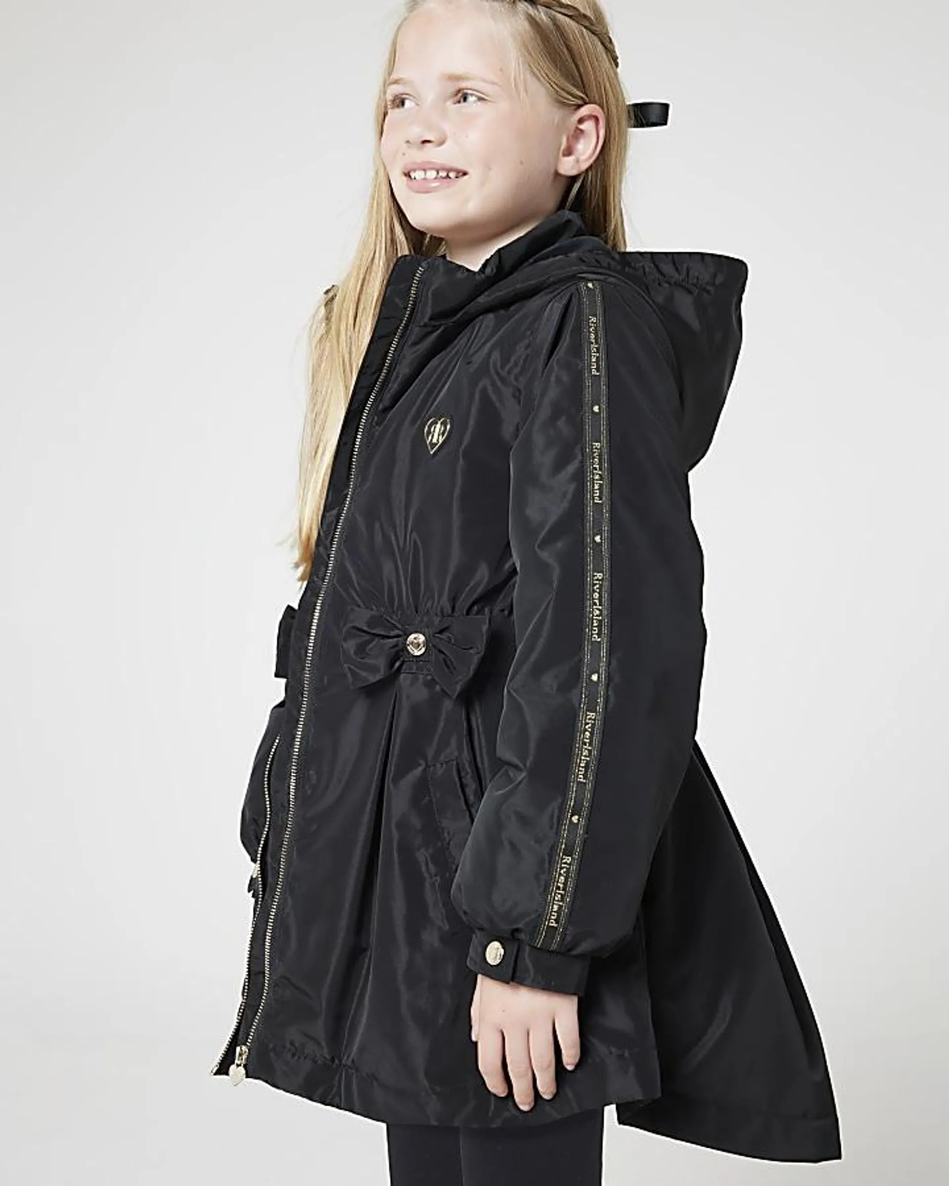 Girls black elasticated hooded rain coat