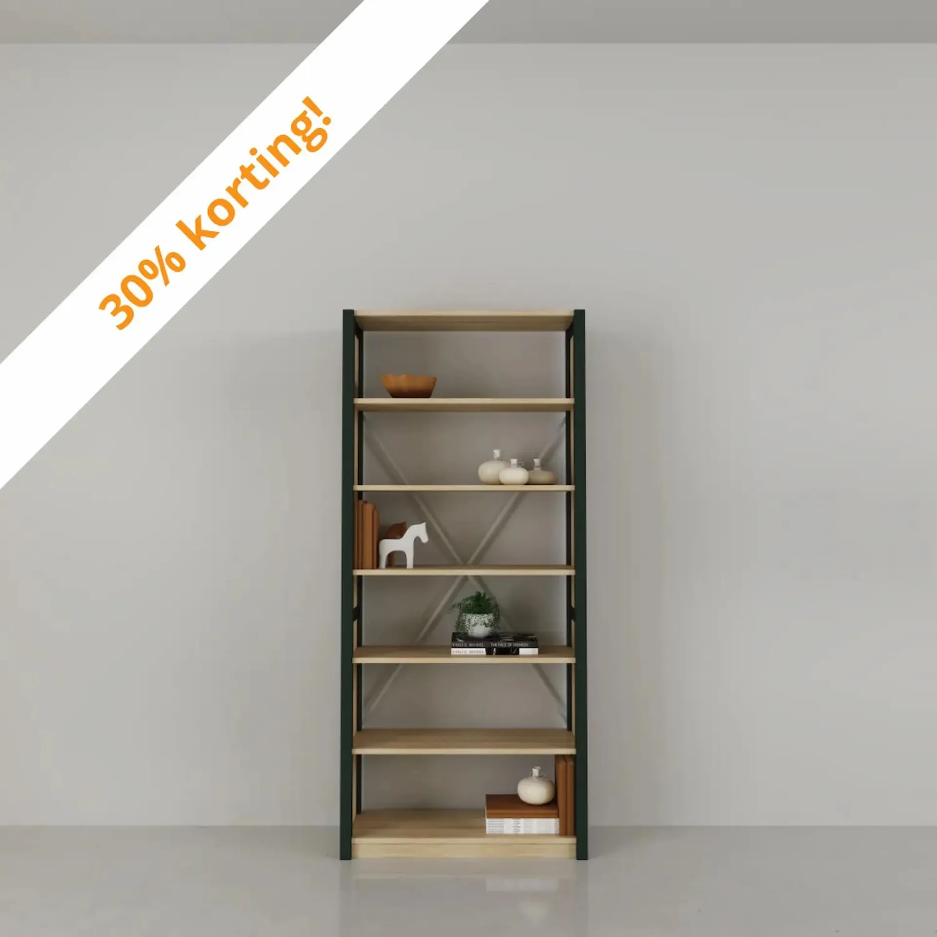 Compacte boekenkast in blank gelakt & dennengroen. Nu 30% korting!